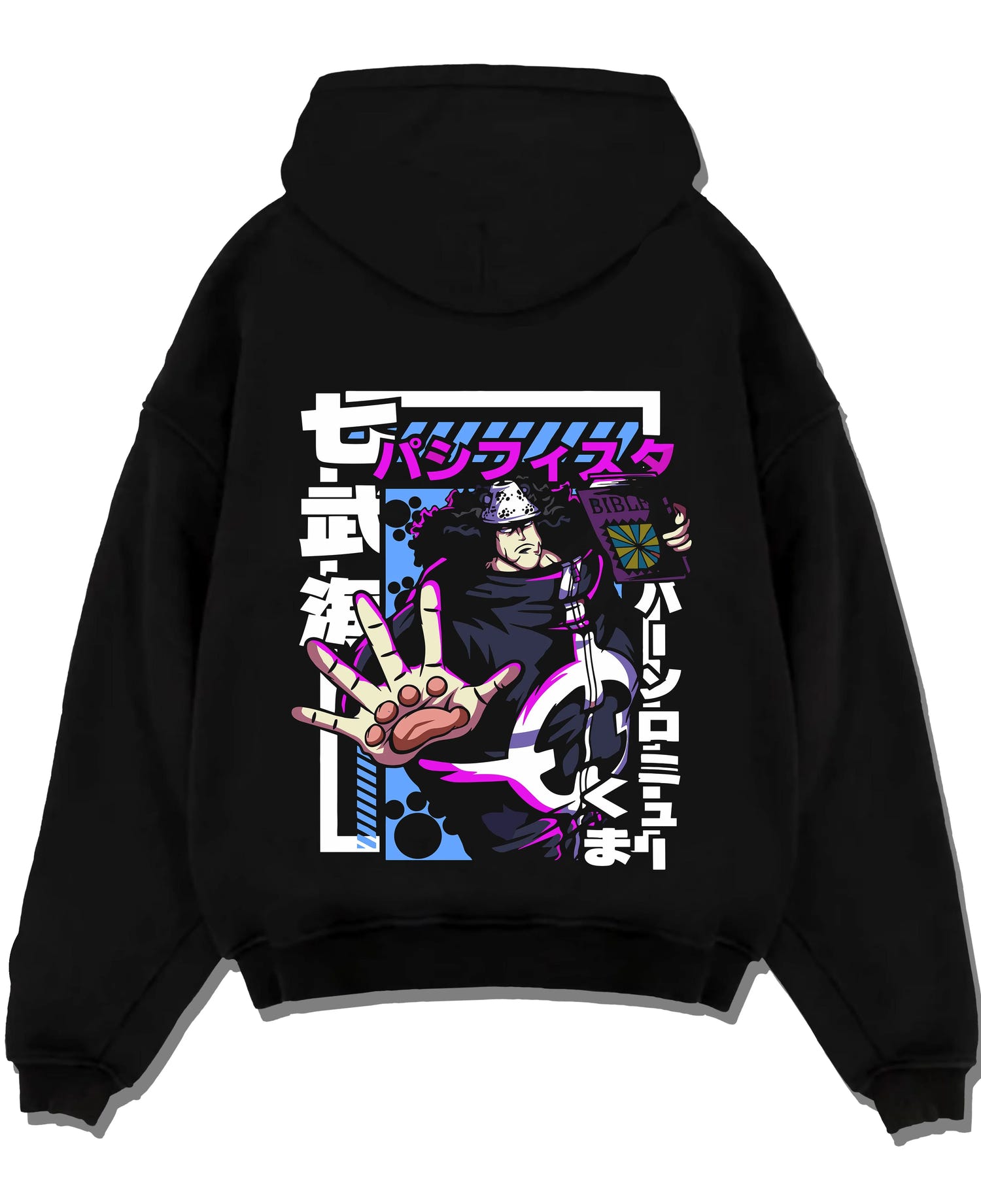 Black pullover hoodie laid flat with One Piece Hoodie Bartholomew Kuma Pacifista Power graphic streetwear graphic.