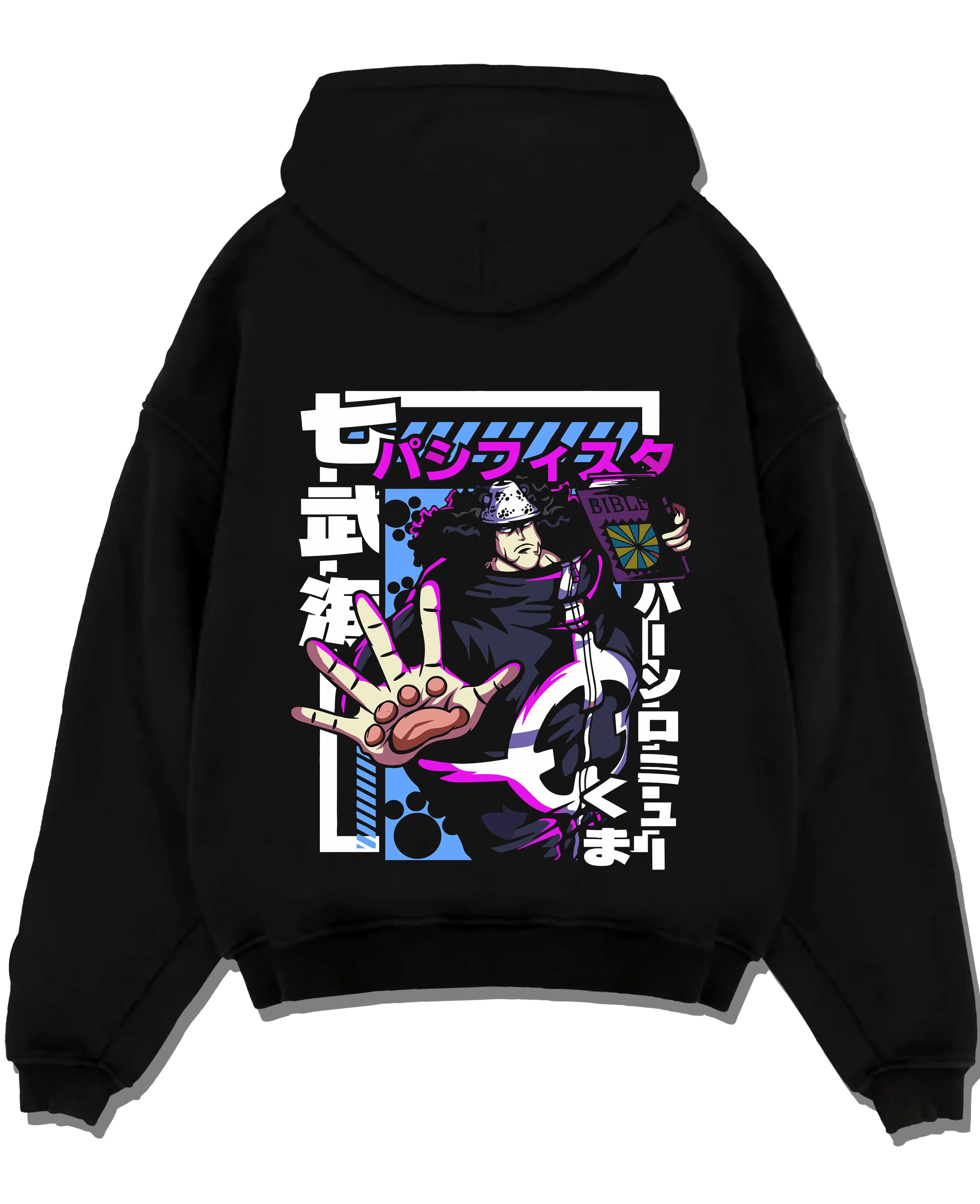 Black pullover hoodie laid flat with One Piece Hoodie Bartholomew Kuma Pacifista Power graphic streetwear graphic.
