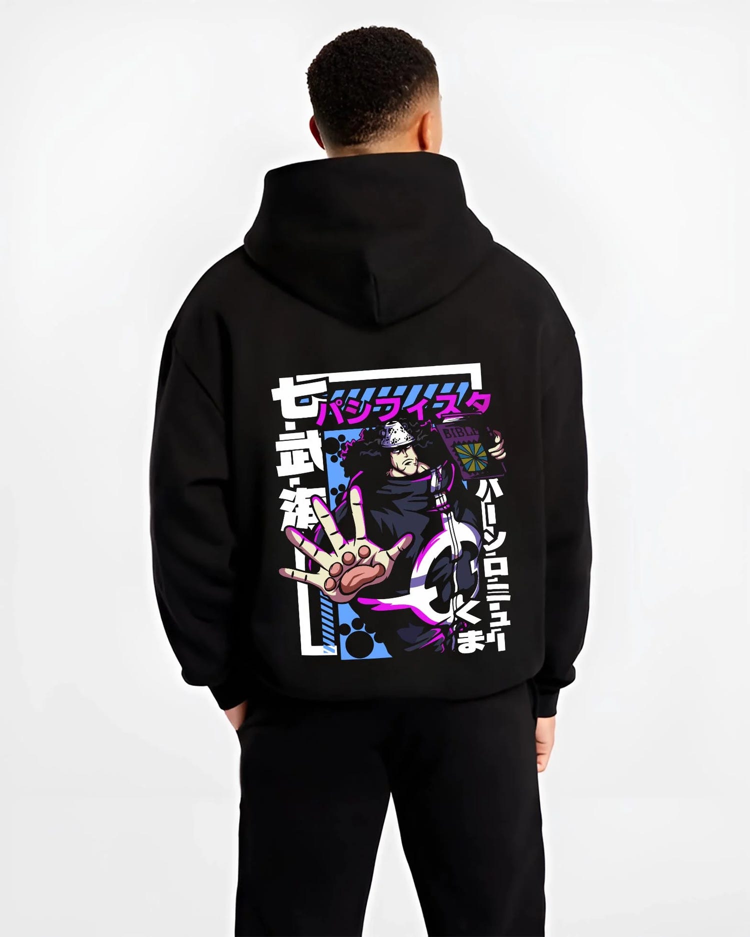 Black hoodie worn by male model, back view with One Piece Hoodie Bartholomew Kuma Pacifista Power graphic bold anime graphic.