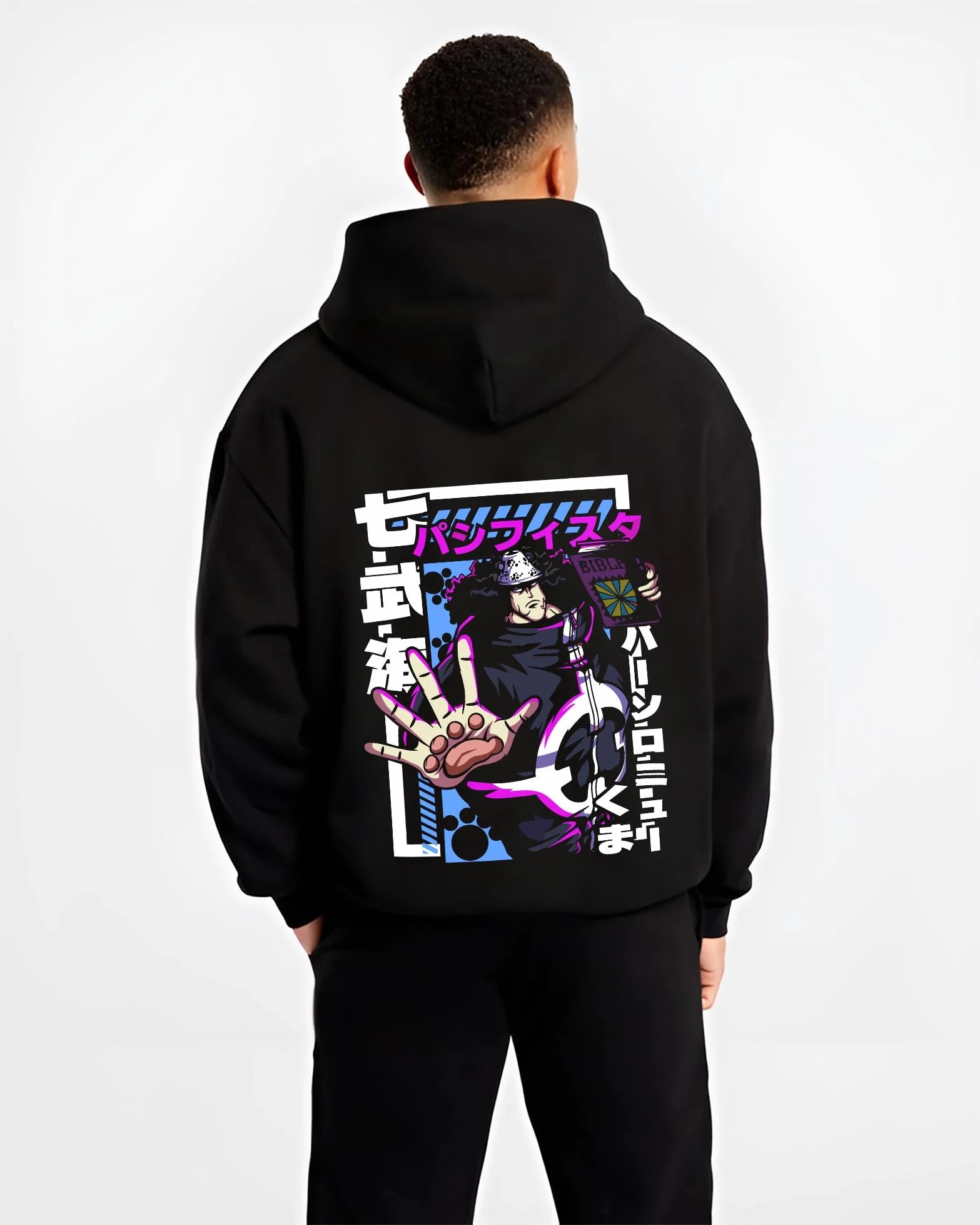 Black hoodie worn by male model, back view with One Piece Hoodie Bartholomew Kuma Pacifista Power graphic bold anime graphic.