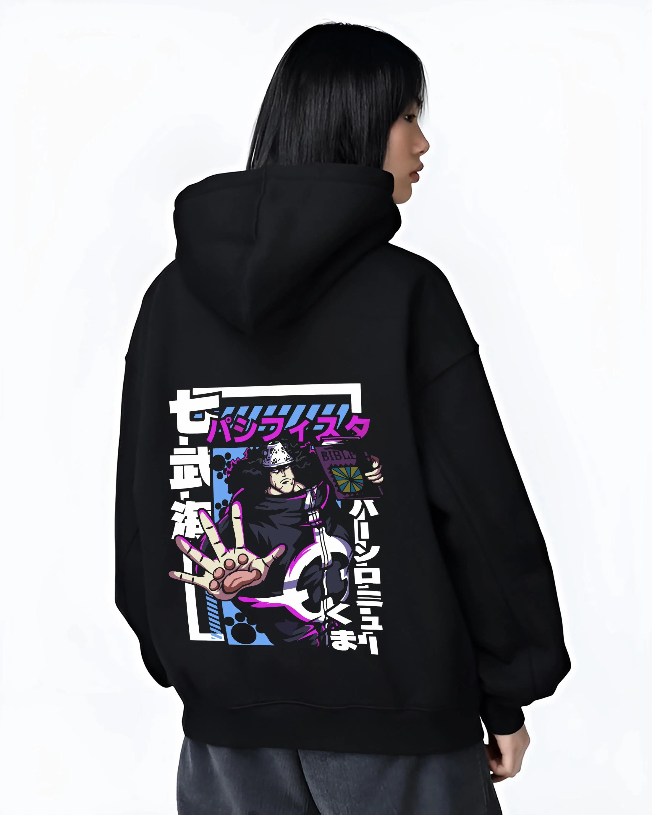Black hoodie worn by female model, back view with One Piece Hoodie Bartholomew Kuma Pacifista Power graphic bold anime graphic.