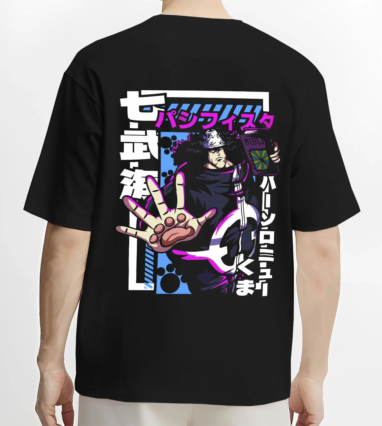 Black T-shirt worn by male model, back view with One Piece Hoodie Bartholomew Kuma Pacifista Power graphic premium wear.