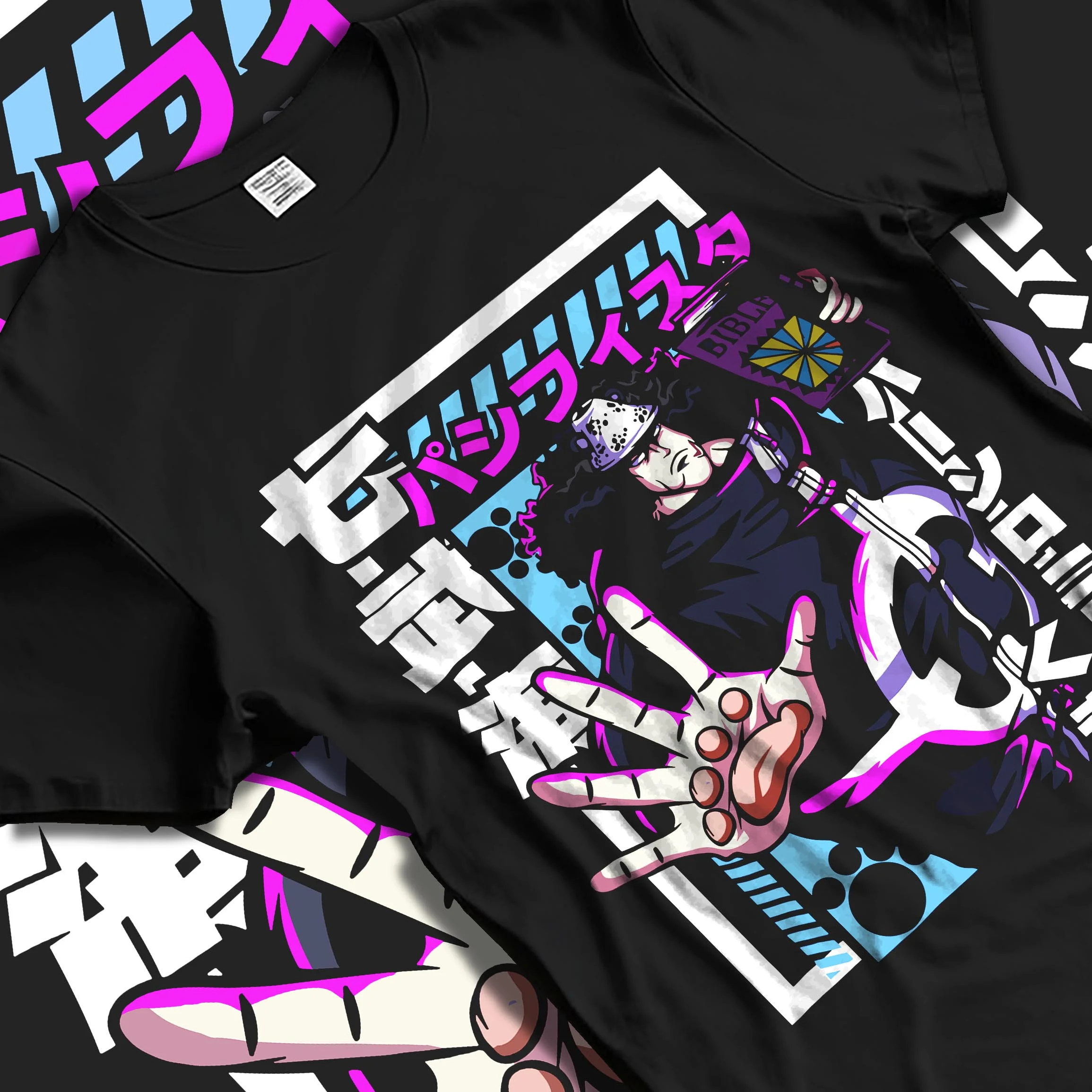 Black T-shirt laid flat with natural folds with One Piece Hoodie Bartholomew Kuma Pacifista Power graphic streetwear graphic.