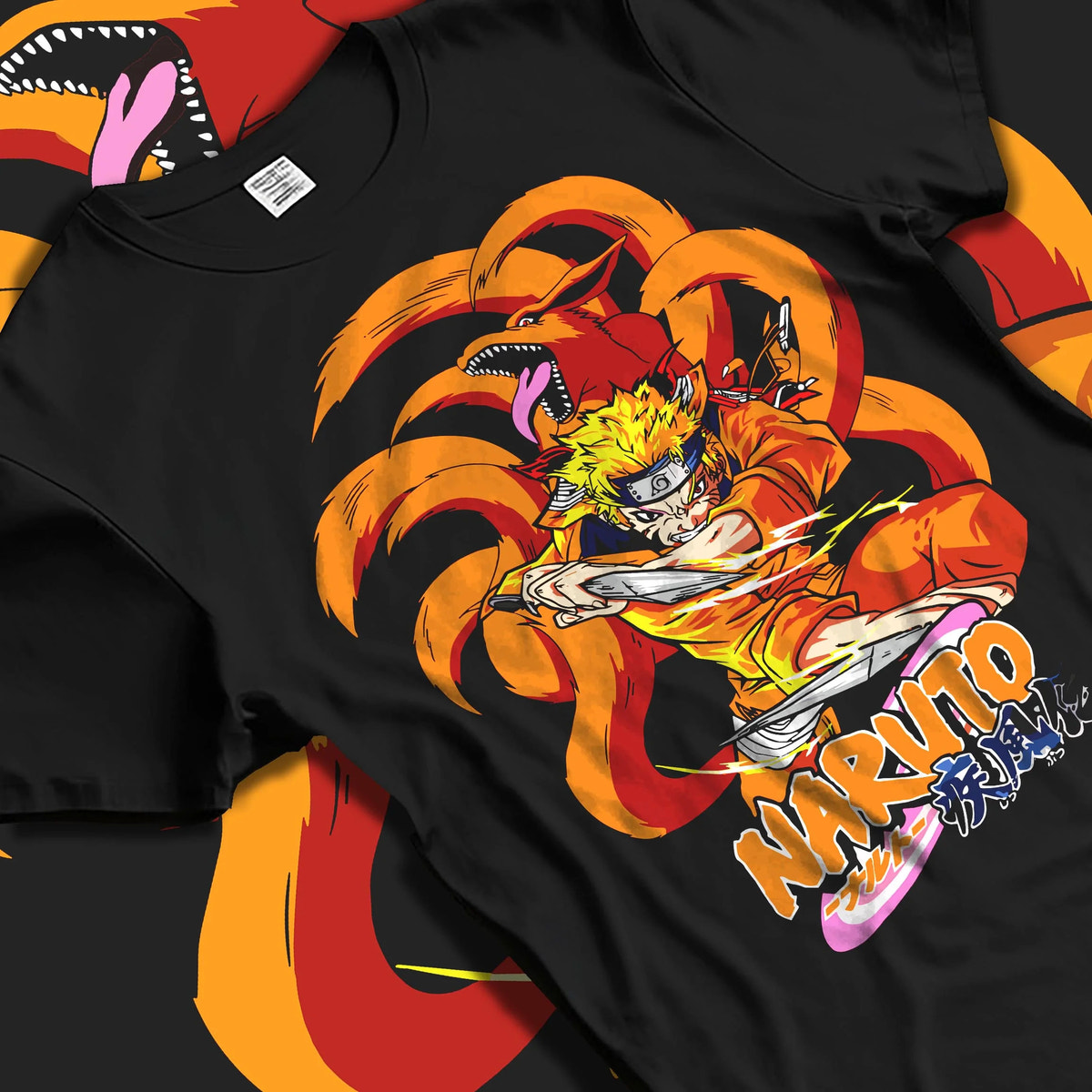 Black T-shirt laid flat with natural folds featuring Naruto Kurama Nine Tails chakra artwork.