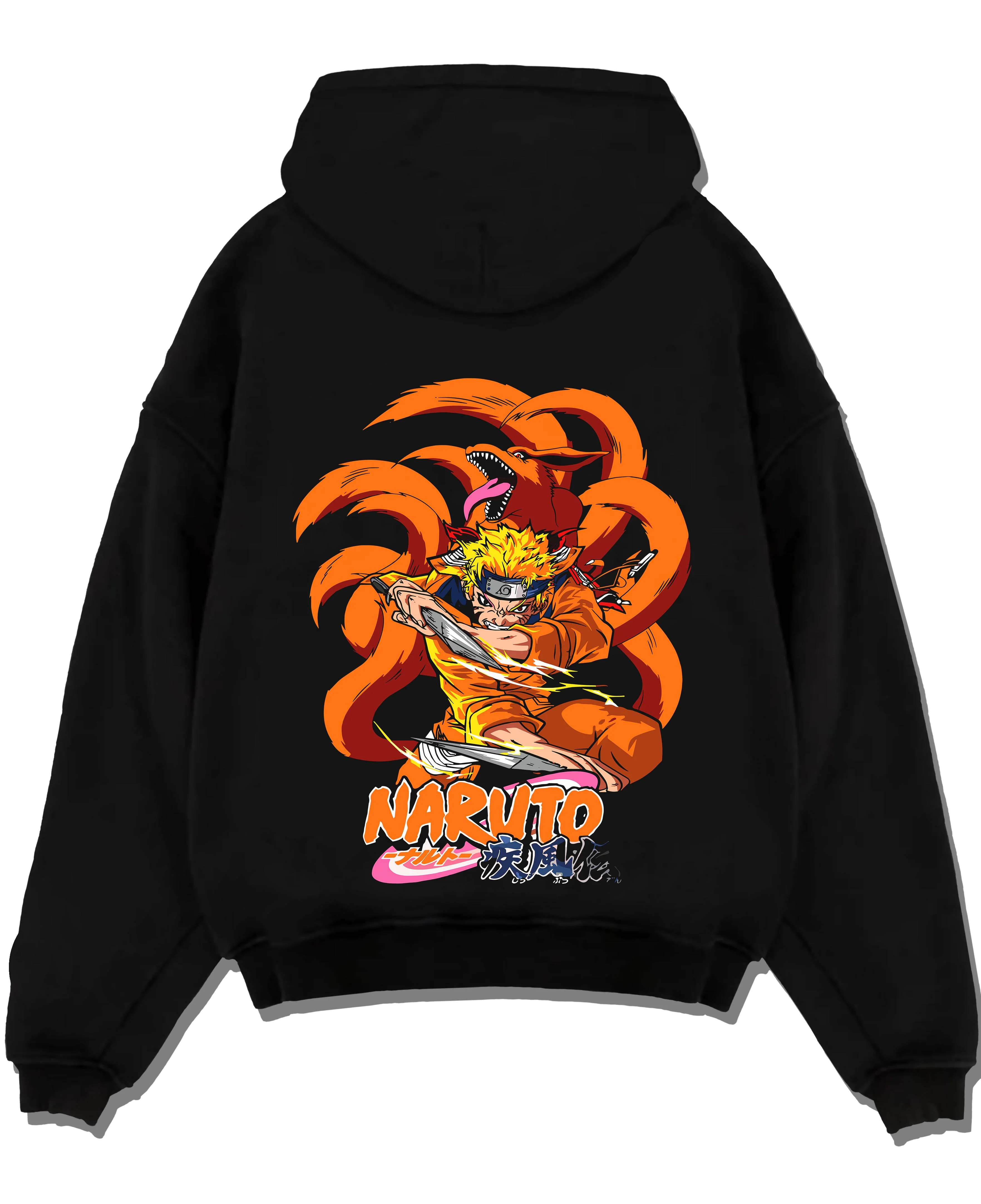 Black pullover hoodie laid flat with Kaiju No. 8 Monster Transformation Hoodie Epic Battle graphic premium wear.