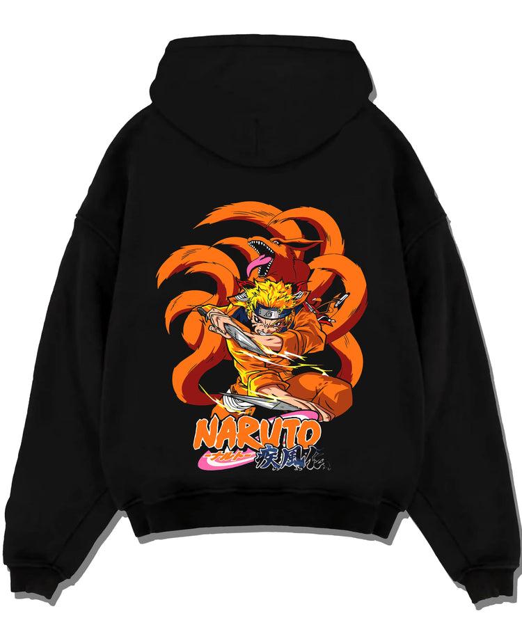 Black pullover hoodie laid flat with Kaiju No. 8 Monster Transformation Hoodie Epic Battle graphic premium wear.