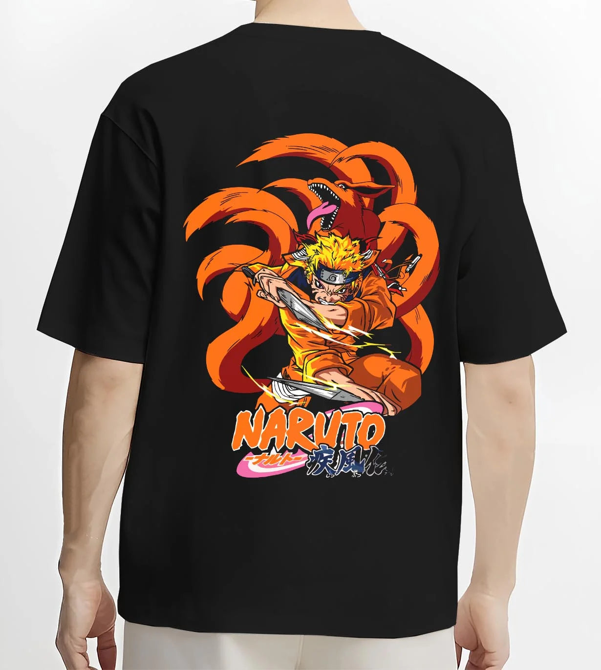 Black T-shirt worn by male model, back view with Kaiju No. 8 Monster Transformation Hoodie Epic Battle graphic streetwear graphic.