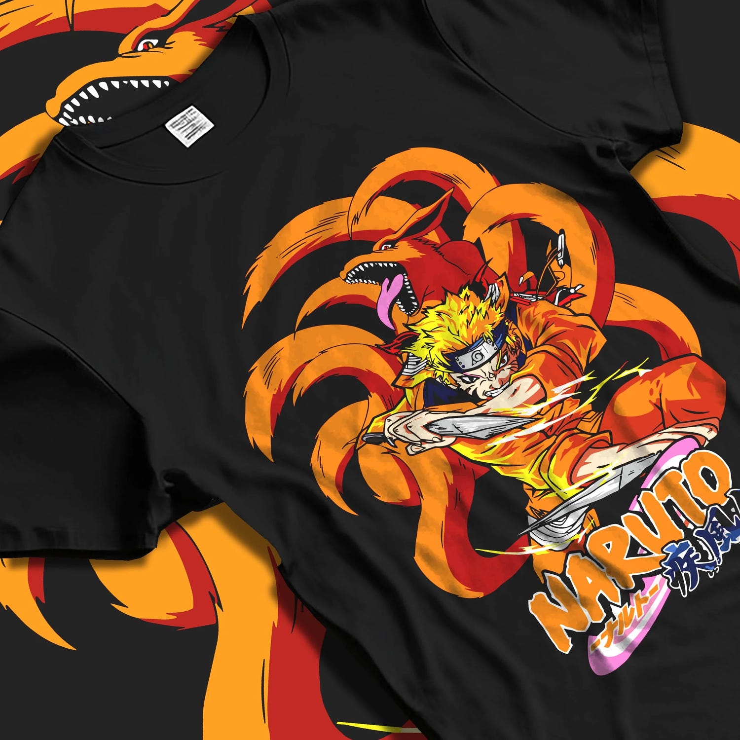 Black T-shirt laid flat with natural folds with Kaiju No. 8 Monster Transformation Hoodie Epic Battle graphic bold anime graphic.