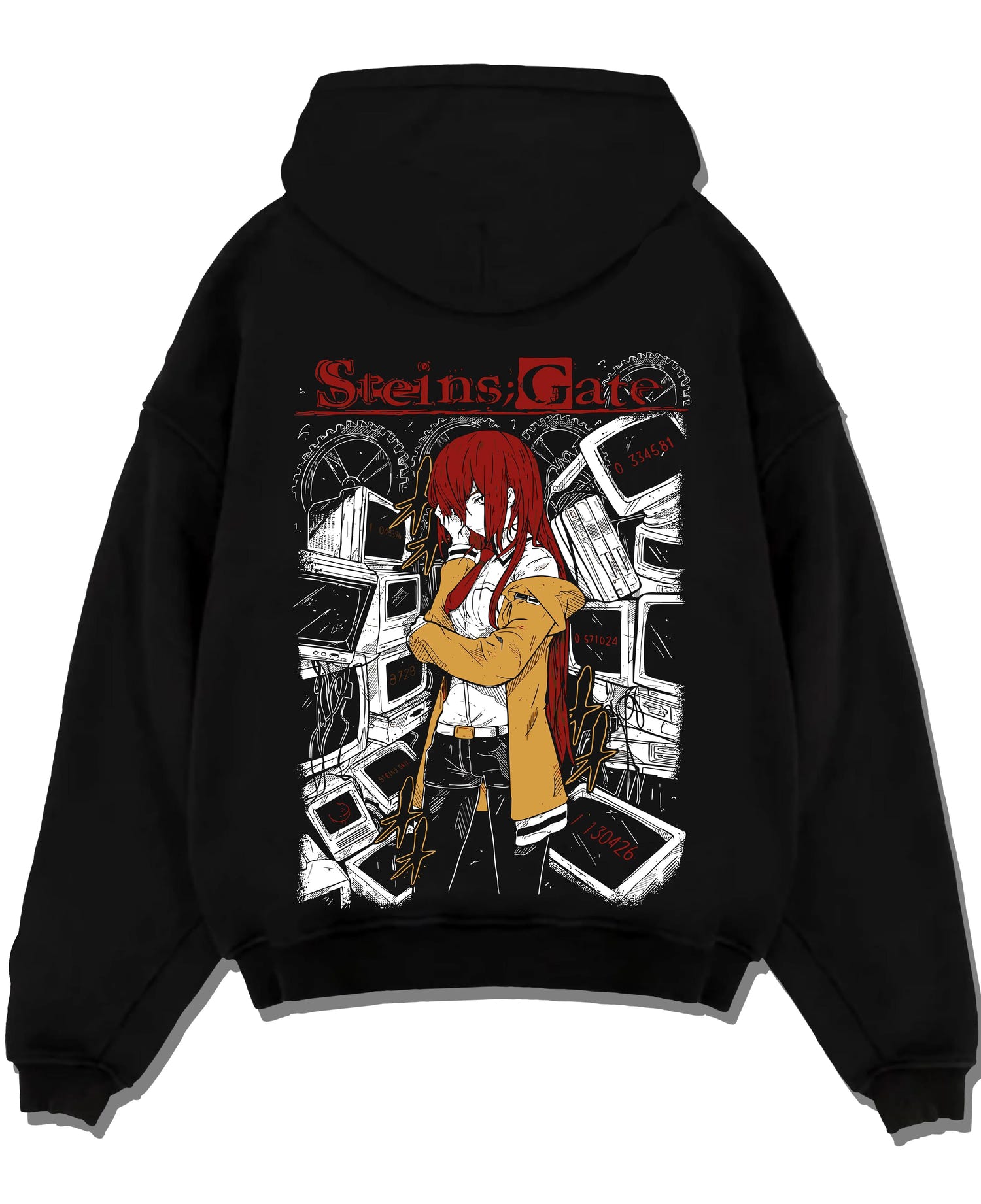 Black pullover hoodie laid flat with Kaiju No. 8 Kafka Hibino Skull Form Hoodie Fierce graphic streetwear graphic.