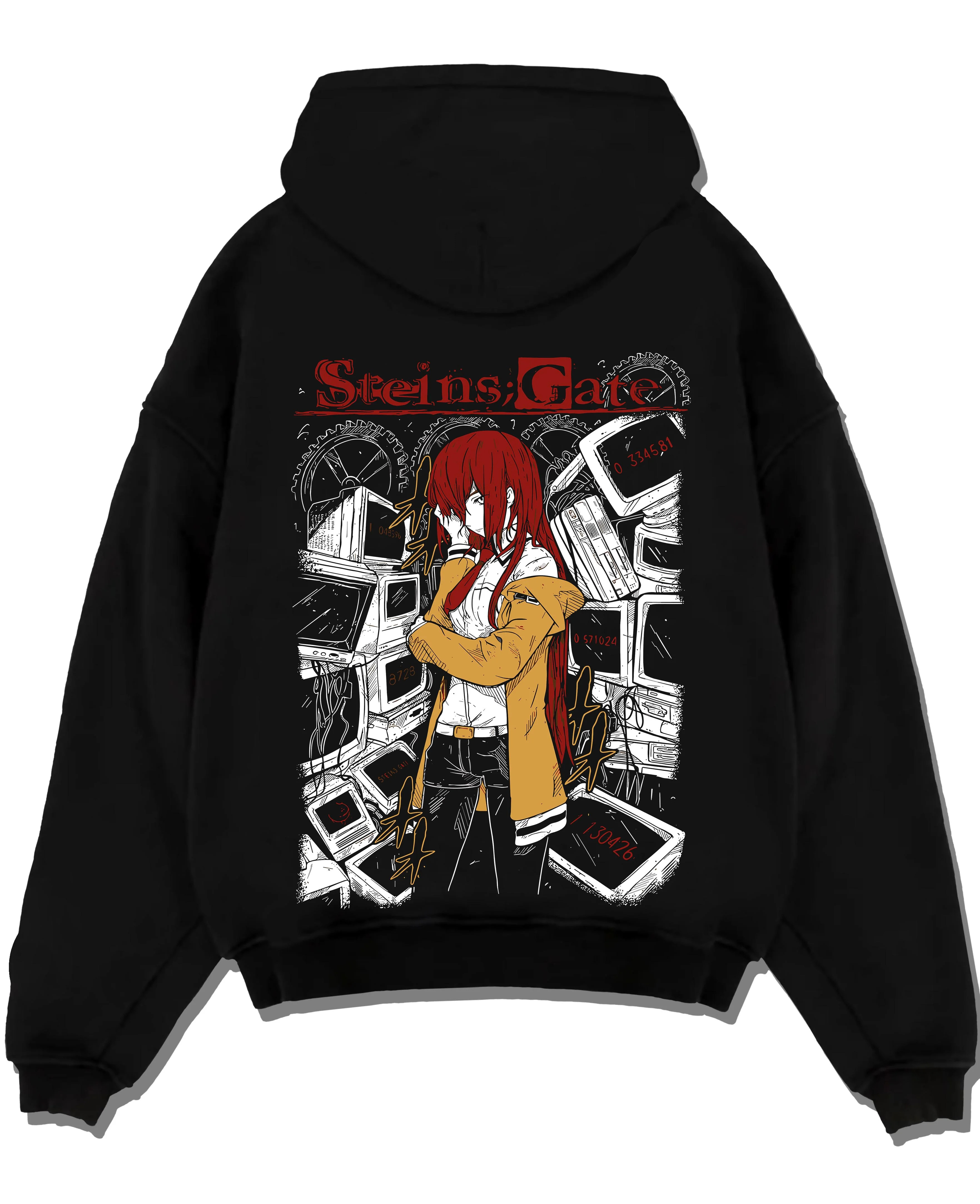 Black pullover hoodie laid flat with Kaiju No. 8 Kafka Hibino Skull Form Hoodie Fierce graphic streetwear graphic.