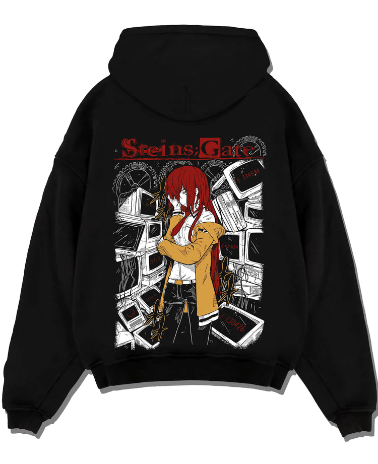 Black pullover hoodie laid flat with Kaiju No. 8 Kafka Hibino Skull Form Hoodie Fierce graphic streetwear graphic.