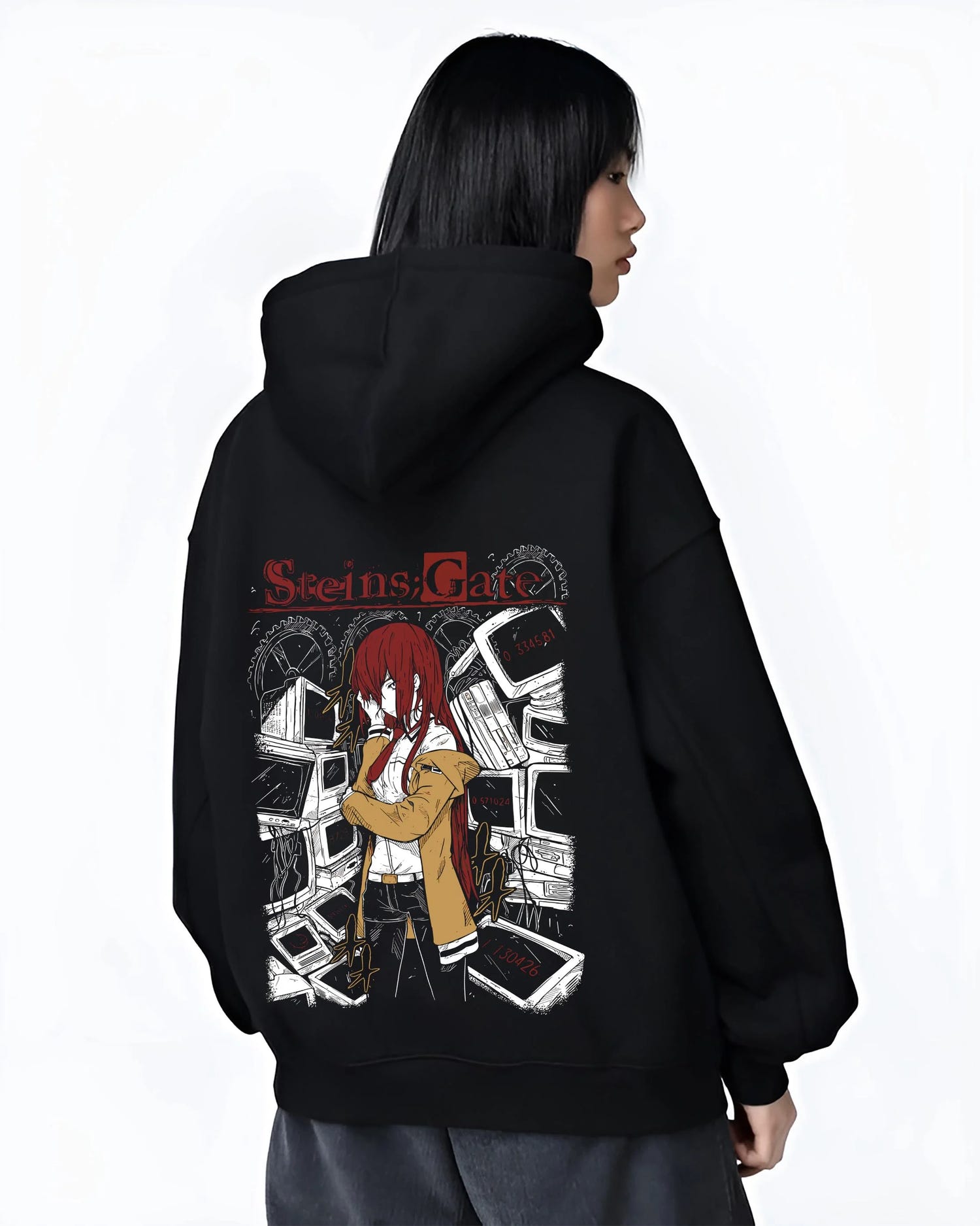 Black hoodie worn by female model, back view with Kaiju No. 8 Kafka Hibino Skull Form Hoodie Fierce graphic streetwear graphic.