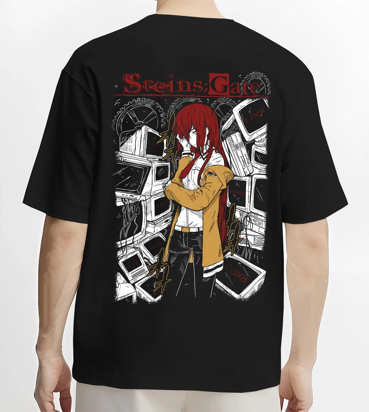 Black T-shirt worn by male model, back view with Kaiju No. 8 Kafka Hibino Skull Form Hoodie Fierce graphic bold anime graphic.