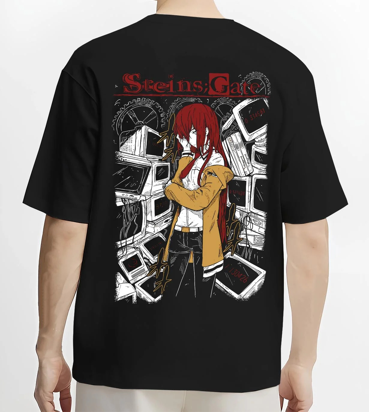 Black T-shirt worn by male model, back view with Kaiju No. 8 Kafka Hibino Skull Form Hoodie Fierce graphic bold anime graphic.