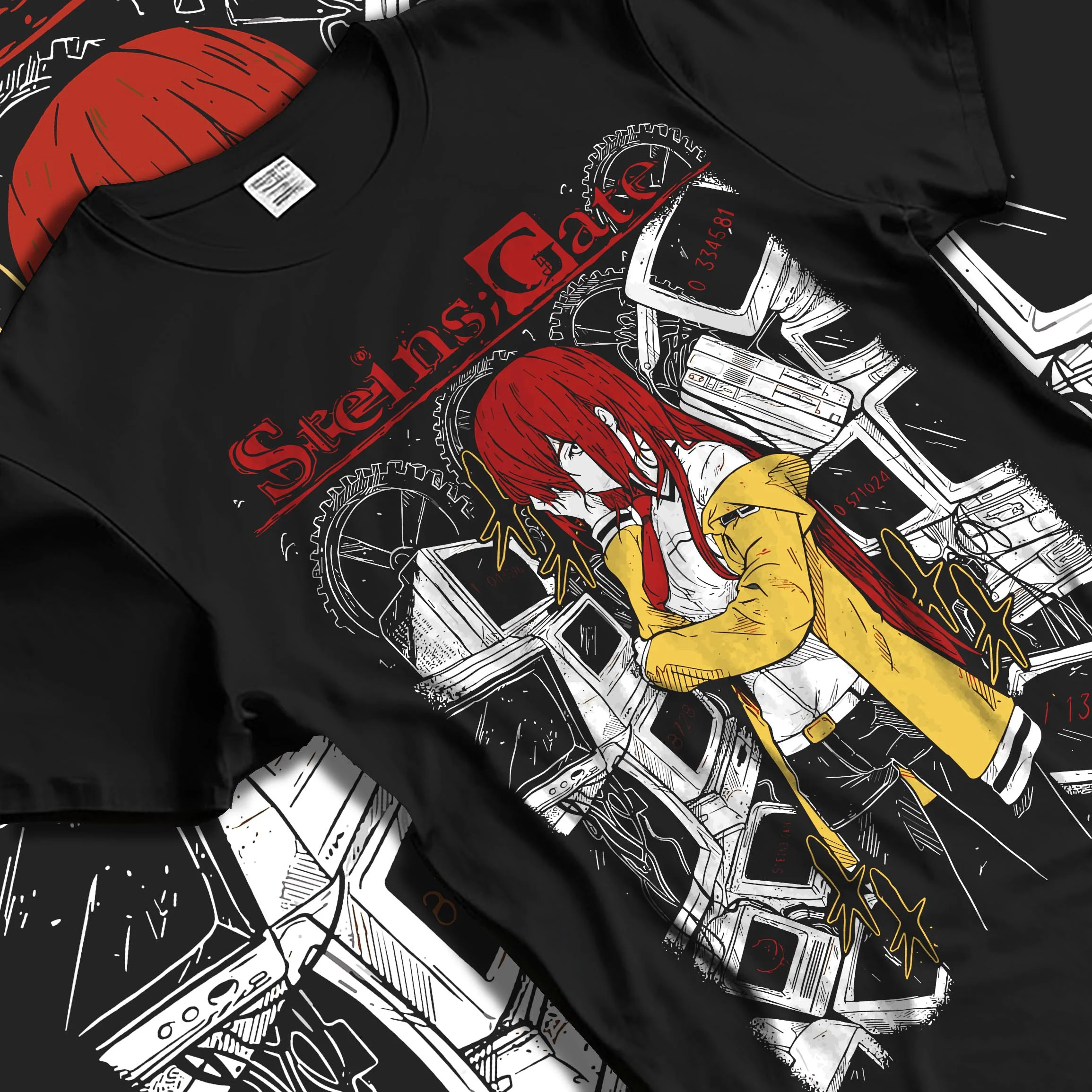 Black T-shirt laid flat with natural folds with Kaiju No. 8 Kafka Hibino Skull Form Hoodie Fierce graphic premium wear.