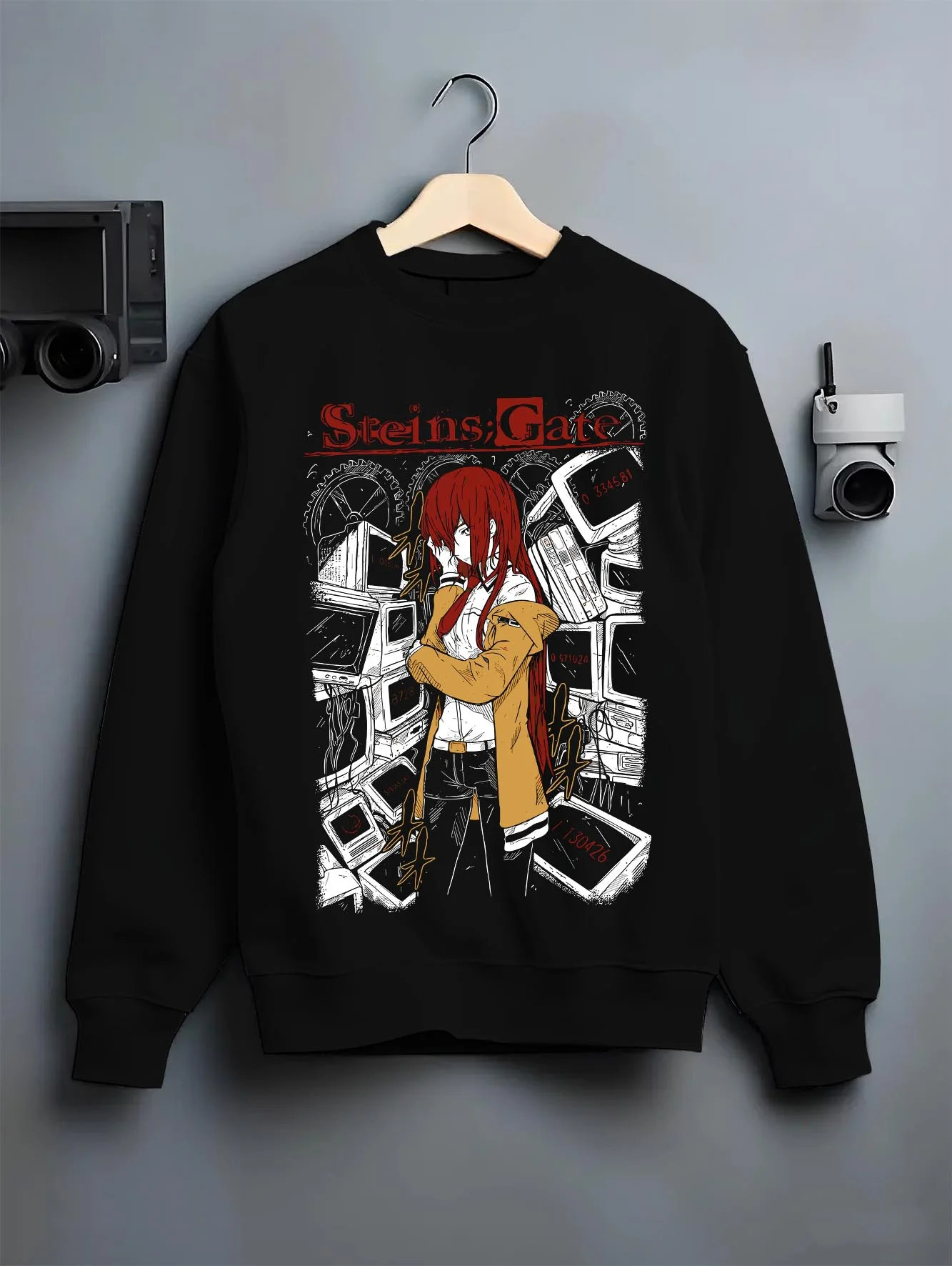 Black crewneck sweatshirt on hanger with Kaiju No. 8 Kafka Hibino Skull Form Hoodie Fierce graphic bold anime graphic.