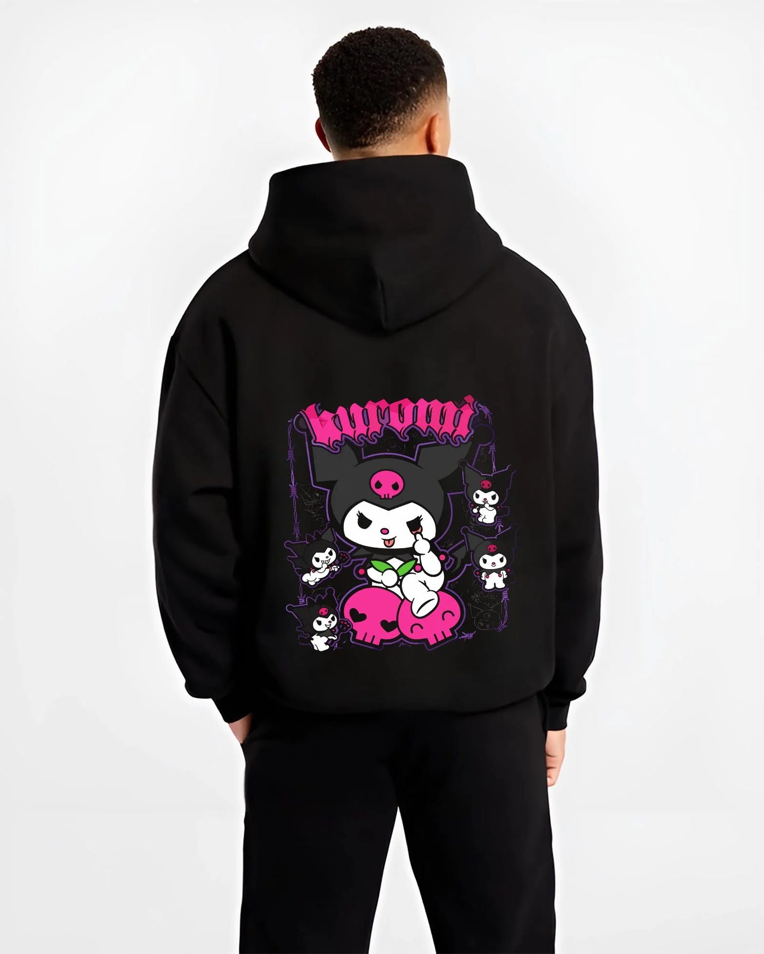 Black hoodie worn by male model, back view with Kaiju No. 8 Kafka Hibino Beast Awakening Hoodie graphic streetwear graphic.