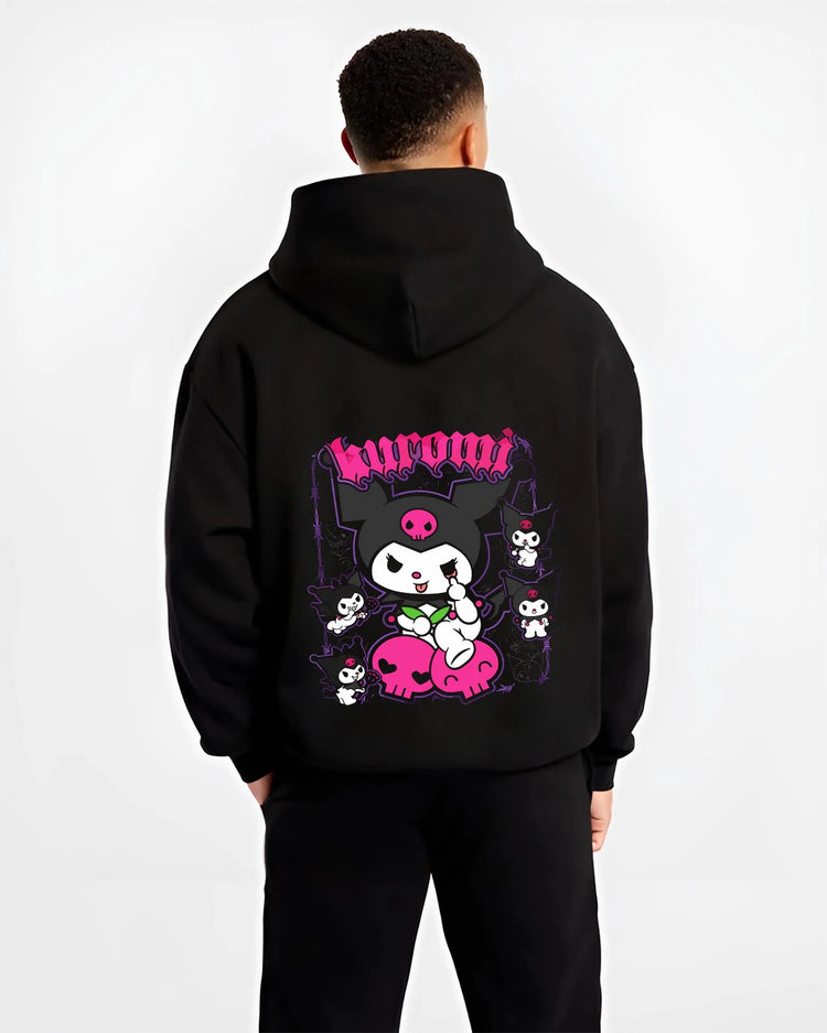 Black hoodie worn by male model, back view with Kaiju No. 8 Kafka Hibino Beast Awakening Hoodie graphic streetwear graphic.