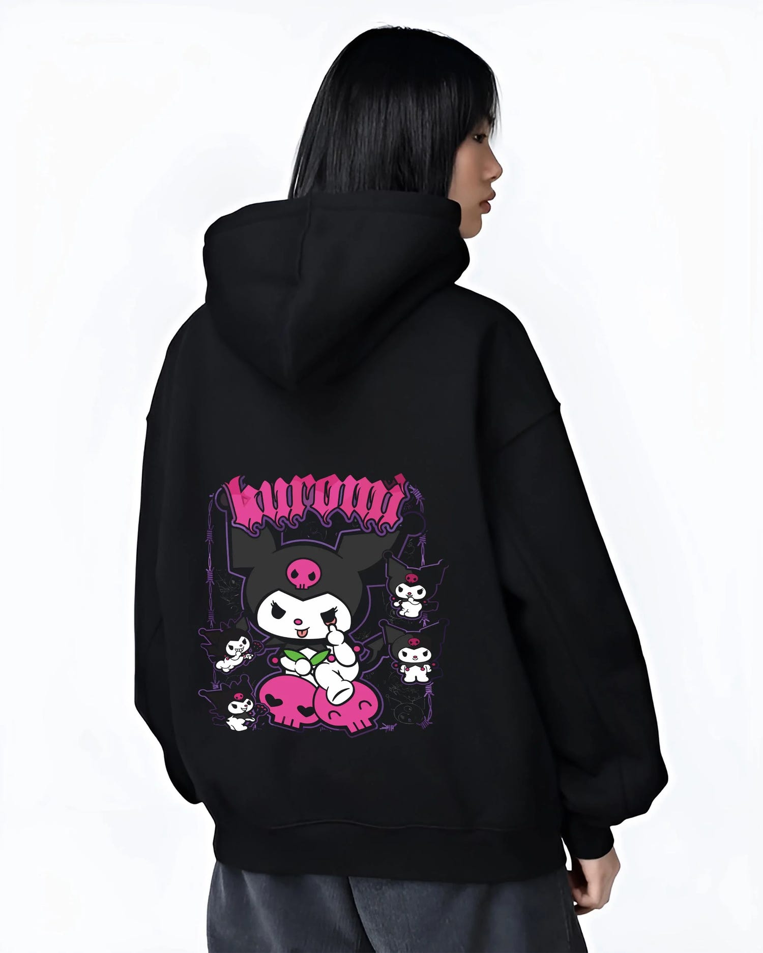 Black hoodie worn by female model, back view with Kaiju No. 8 Kafka Hibino Beast Awakening Hoodie graphic bold anime graphic.