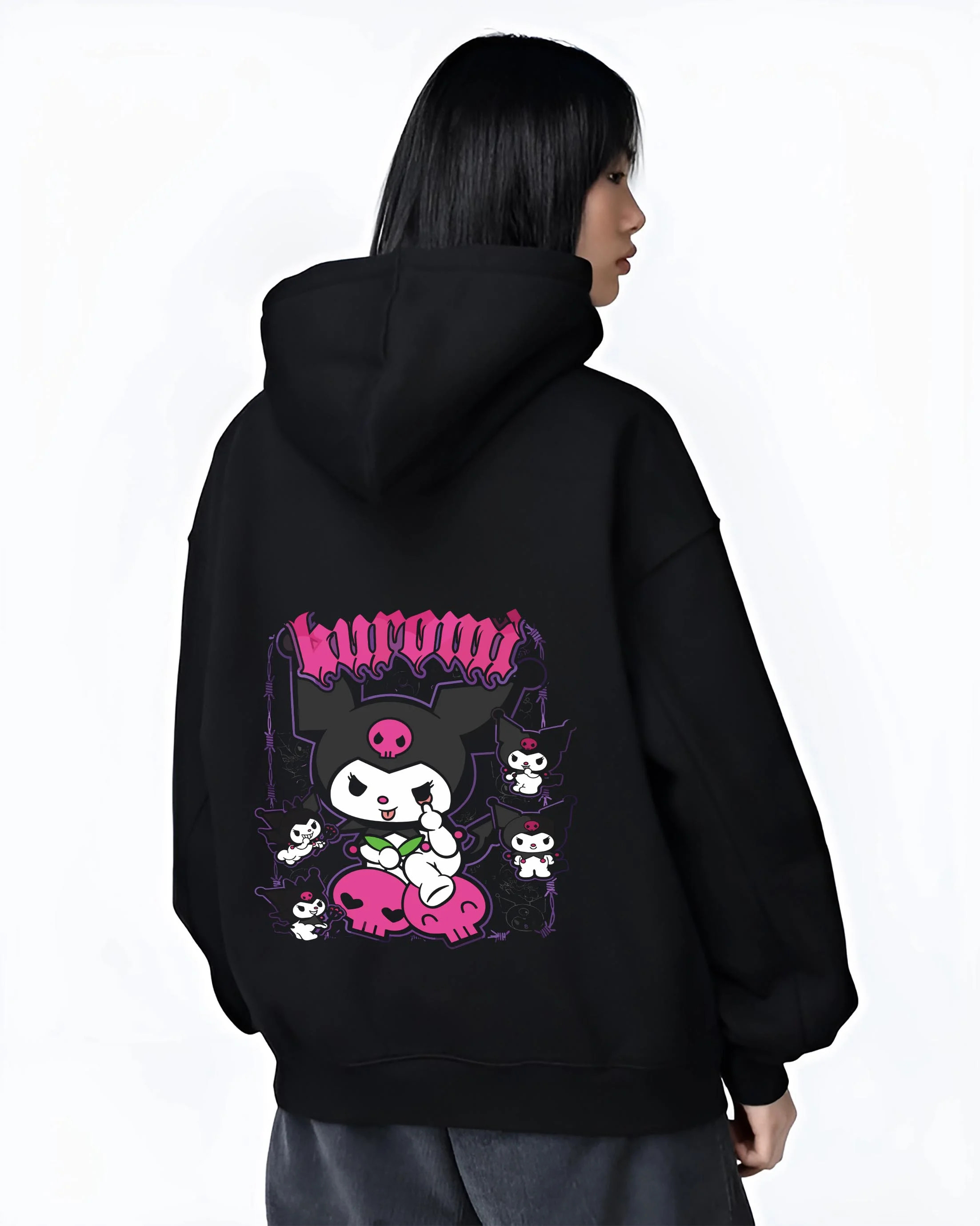 Black hoodie worn by female model, back view with Kaiju No. 8 Kafka Hibino Beast Awakening Hoodie graphic bold anime graphic.