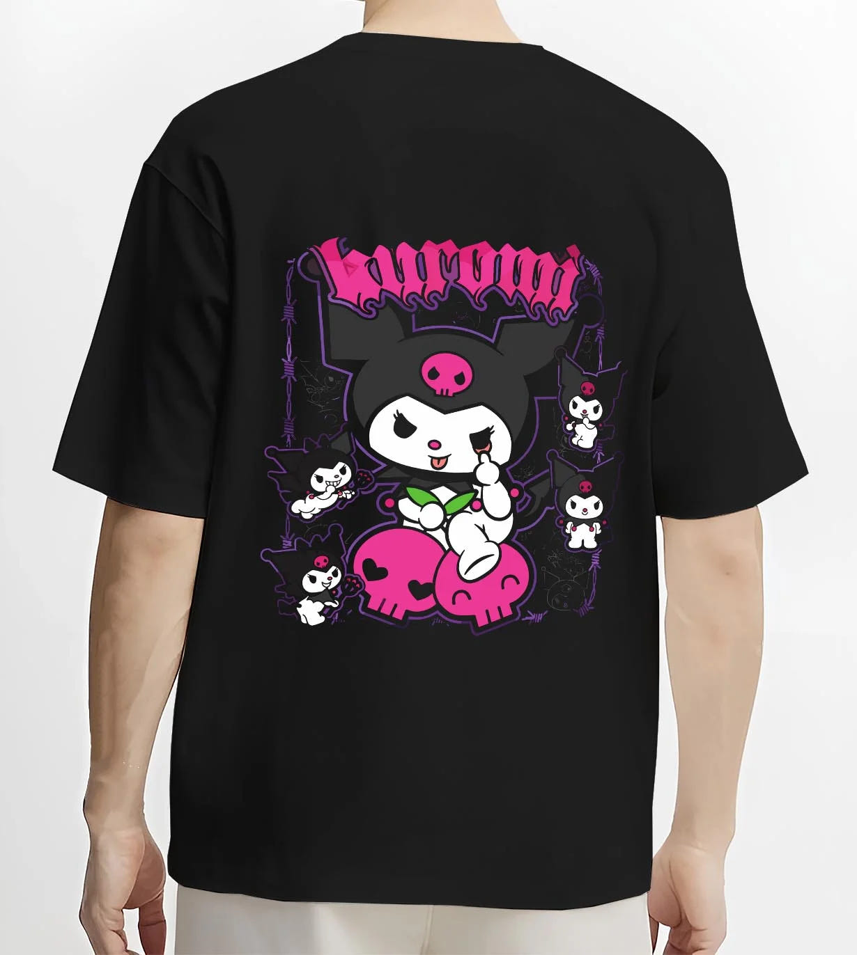 Black T-shirt worn by male model, back view with Kaiju No. 8 Kafka Hibino Beast Awakening Hoodie graphic premium wear.