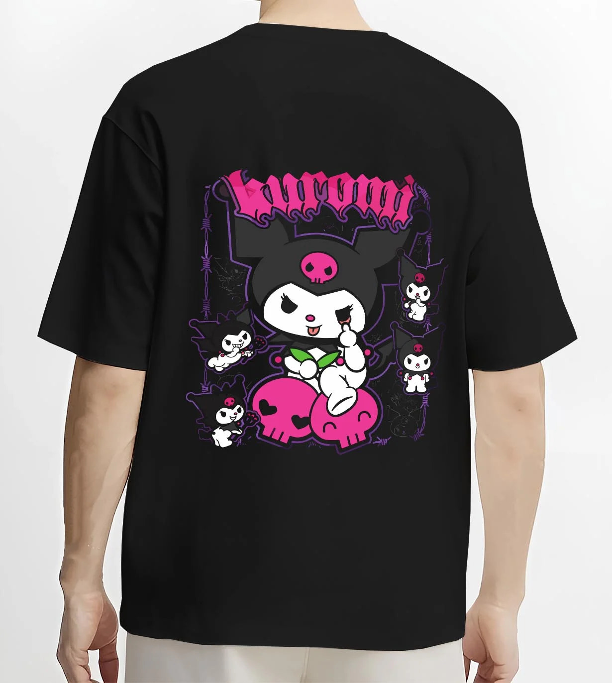 Black T-shirt worn by male model, back view with Kaiju No. 8 Kafka Hibino Beast Awakening Hoodie graphic premium wear.