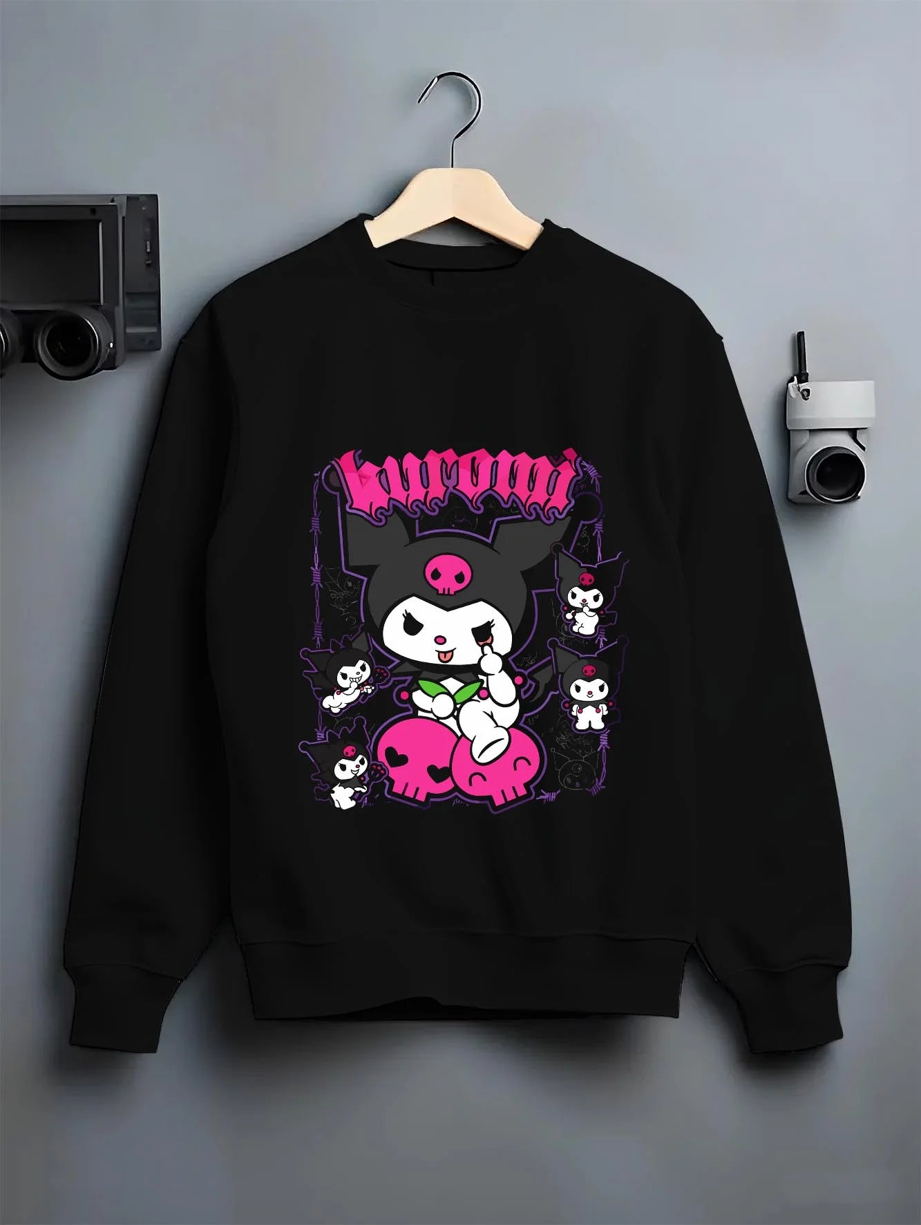 Black crewneck sweatshirt on hanger with Kaiju No. 8 Kafka Hibino Beast Awakening Hoodie graphic premium wear.