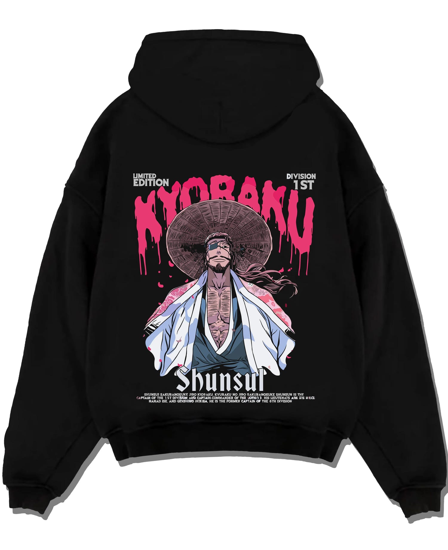 Black pullover hoodie laid flat with Kaiju No. 8 Defense Force Team Hoodie Tactical graphic premium wear.