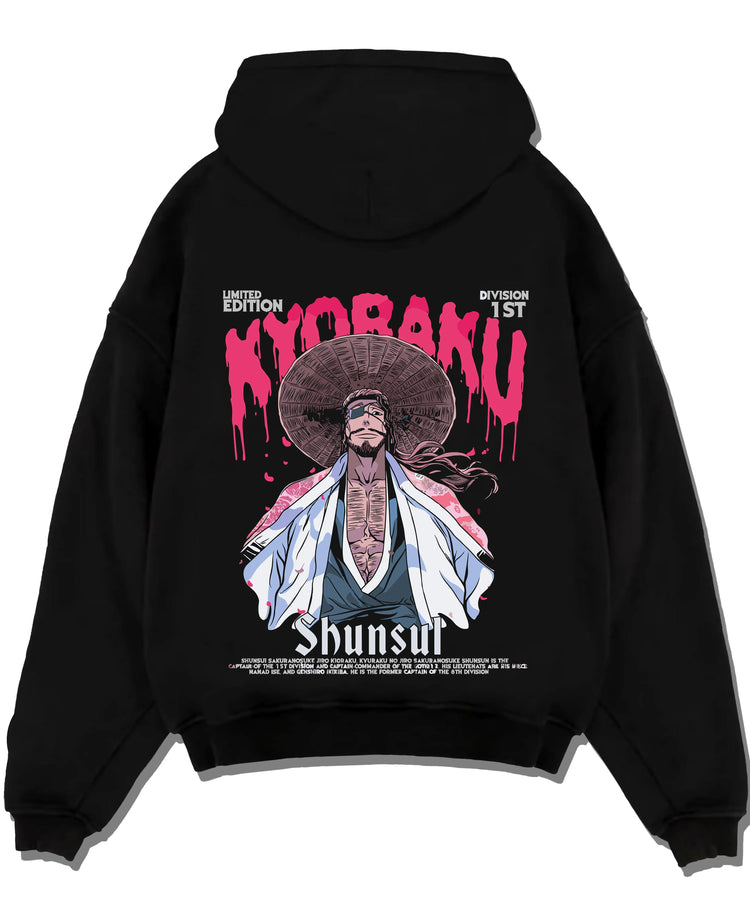 Black pullover hoodie laid flat with Kaiju No. 8 Defense Force Team Hoodie Tactical graphic premium wear.