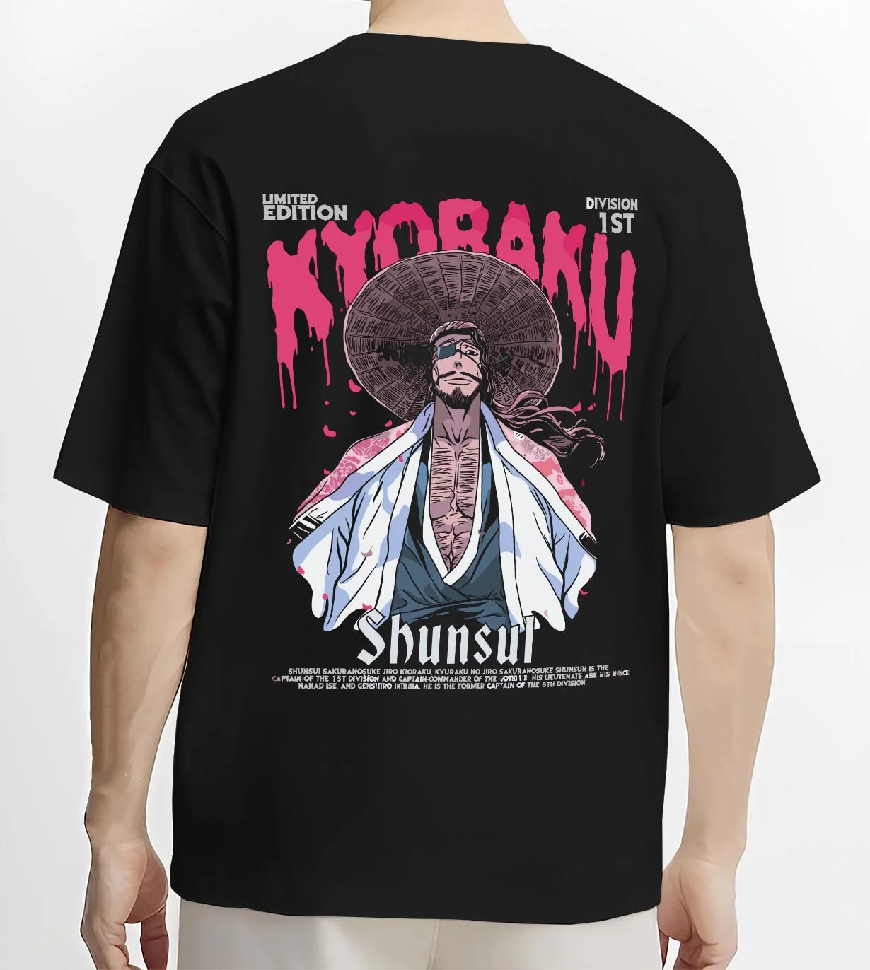 Black T-shirt worn by male model, back view with Kaiju No. 8 Defense Force Team Hoodie Tactical graphic streetwear graphic.