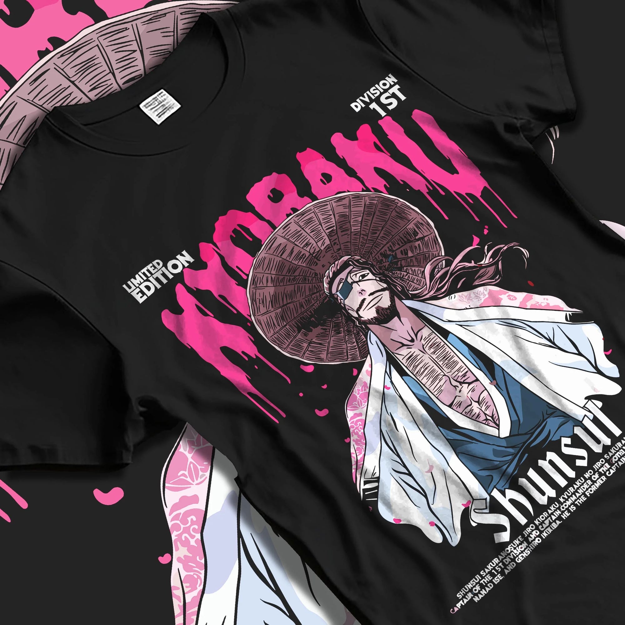 Black T-shirt laid flat with natural folds with Kaiju No. 8 Defense Force Team Hoodie Tactical graphic bold anime graphic.