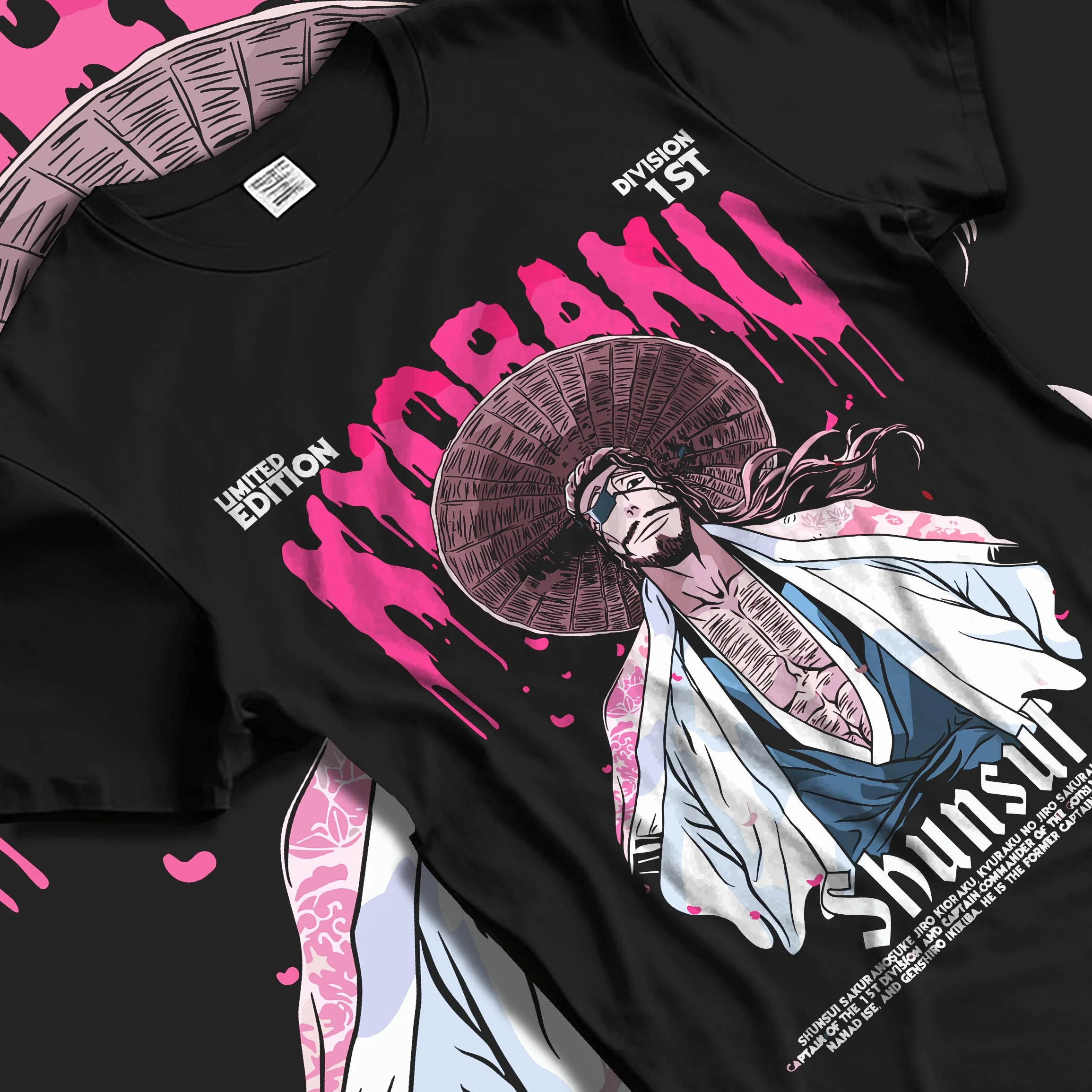 Black T-shirt laid flat with natural folds with Kaiju No. 8 Defense Force Team Hoodie Tactical graphic bold anime graphic.