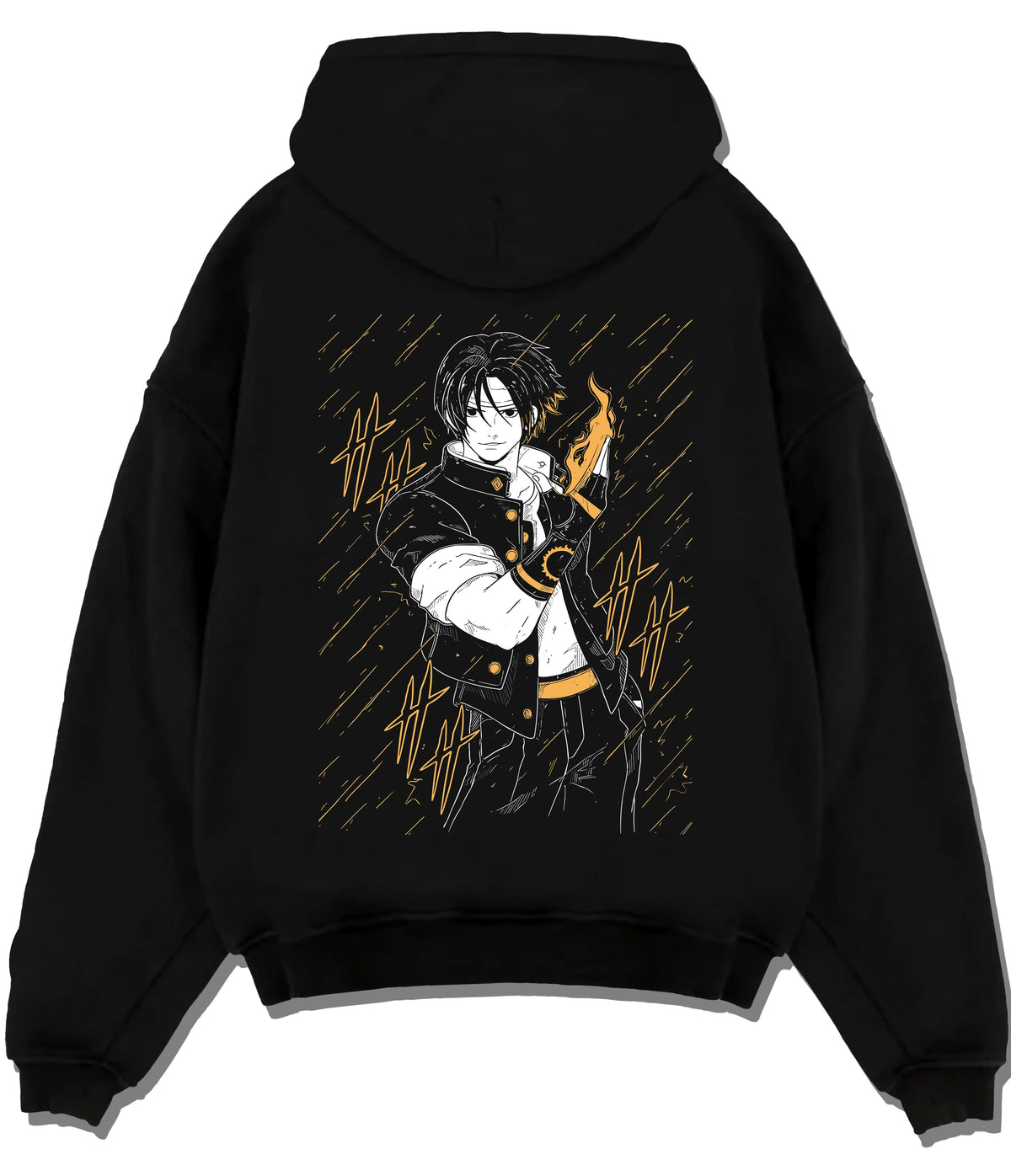 Black hoodie flat back view showing Kyo Kusanagi from The King of Fighters: fire power pose