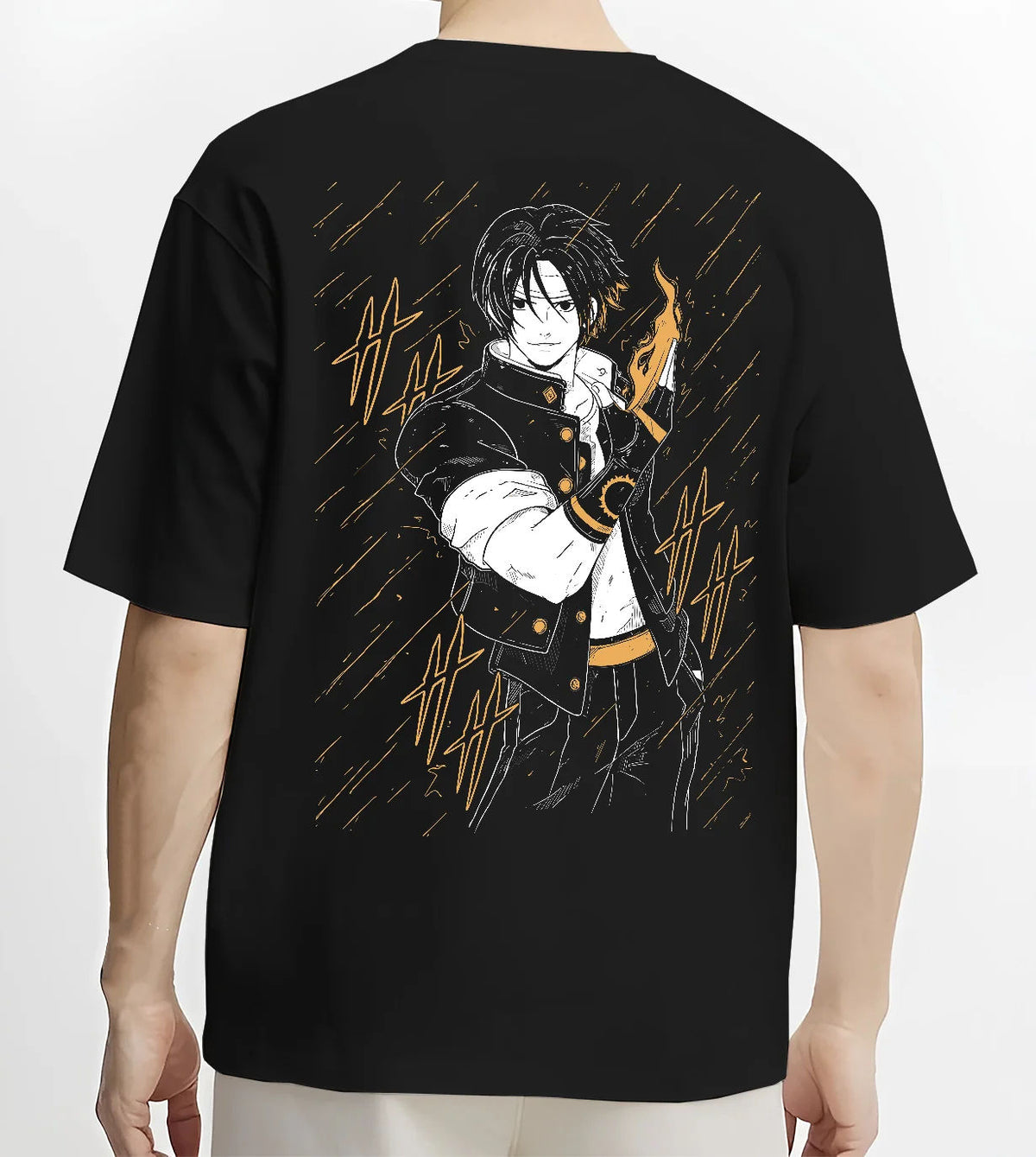 Black T-shirt model back view showing Kyo Kusanagi from The King of Fighters: fire power pose