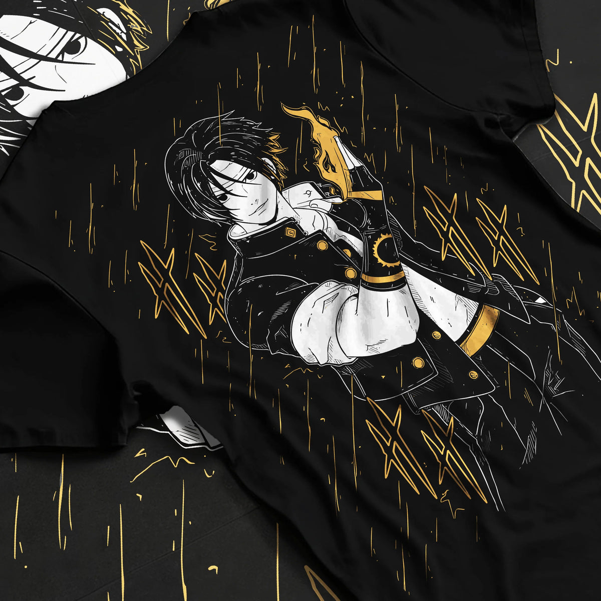 Black T-shirt flat back view showing Kyo Kusanagi from The King of Fighters: fire power pose