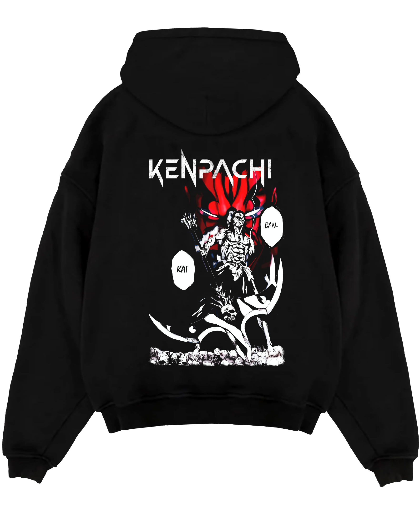 Black pullover hoodie laid flat on a white background, featuring Bleach Kenpachi Bankai anime poster inspired design with dark manga panel skull artwork.
