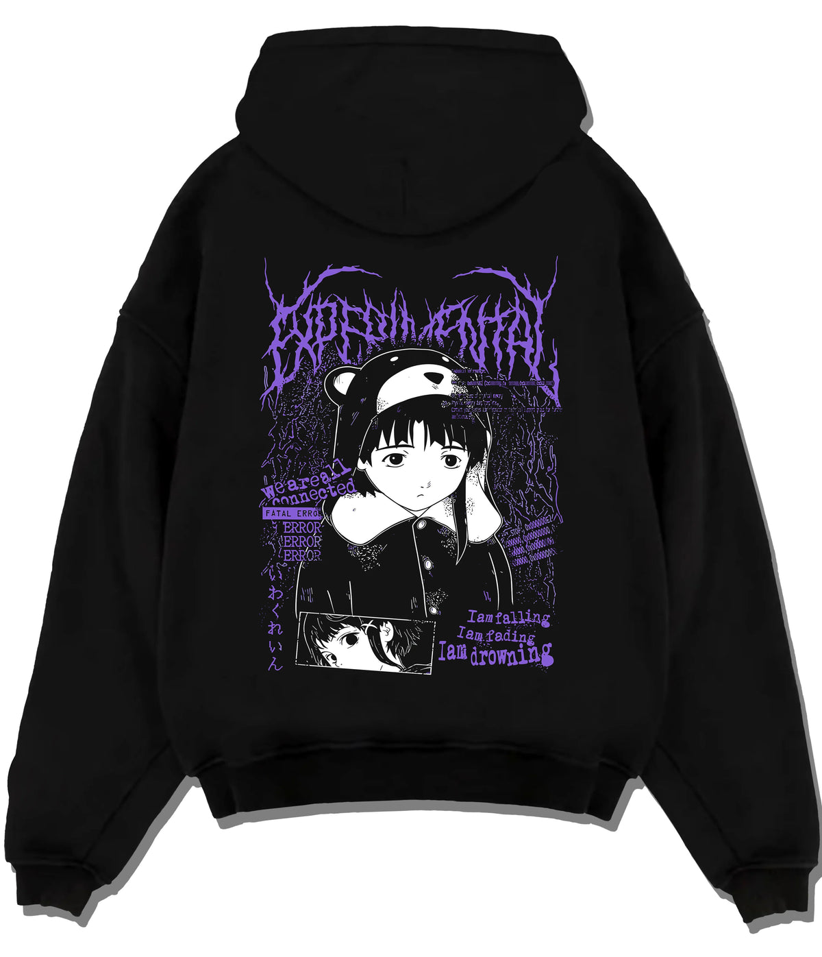 Black hoodie flat back view with Lain Iwakura from Serial Experiments Lain illustrated back graphic