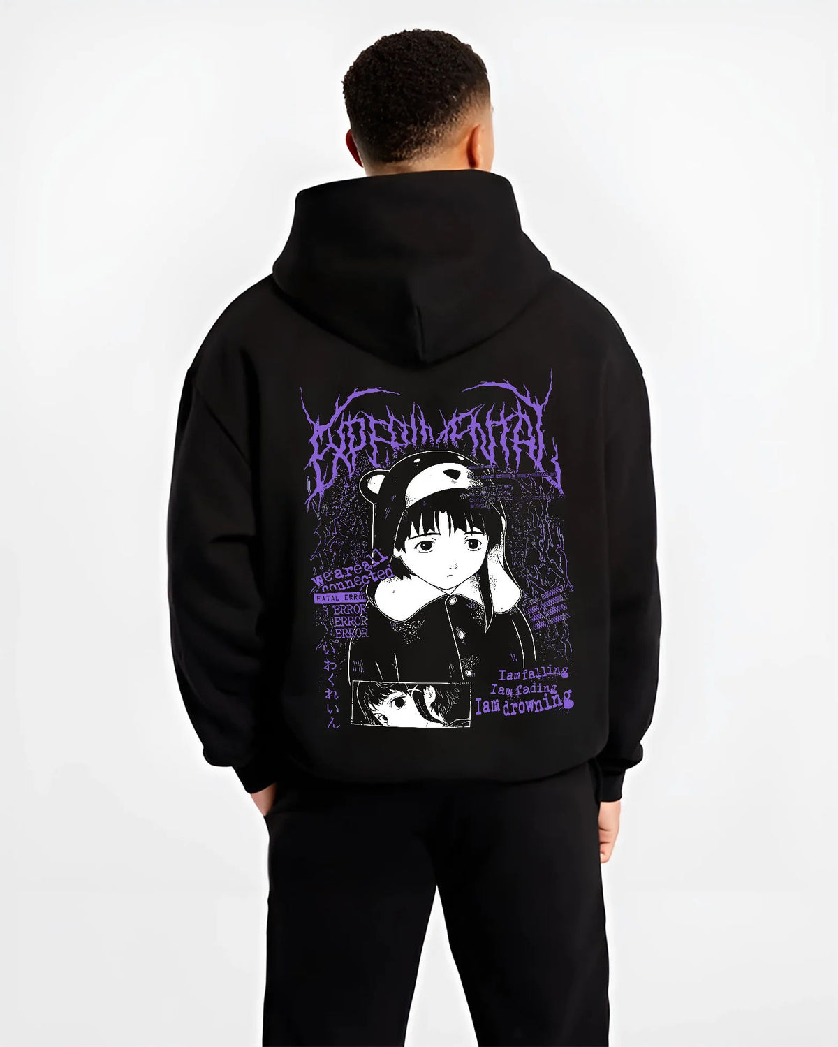 Black hoodie model back view with Lain Iwakura from Serial Experiments Lain illustrated back graphic