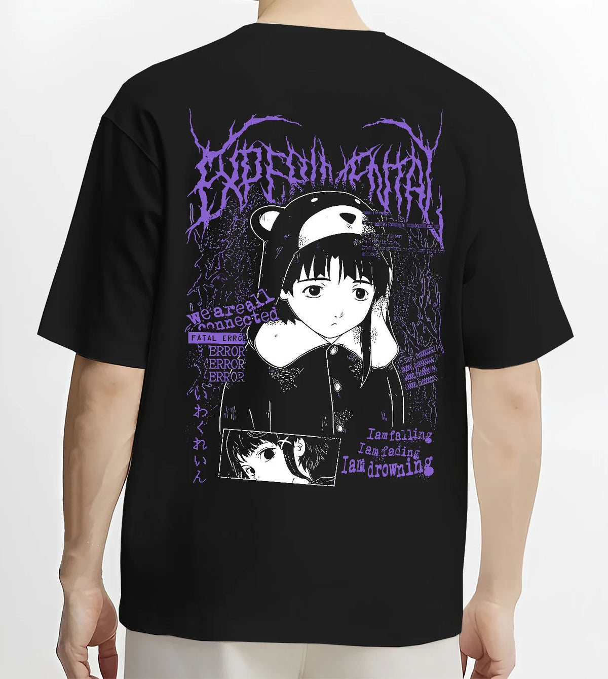Black T-shirt model back view with Lain Iwakura from Serial Experiments Lain illustrated back graphic
