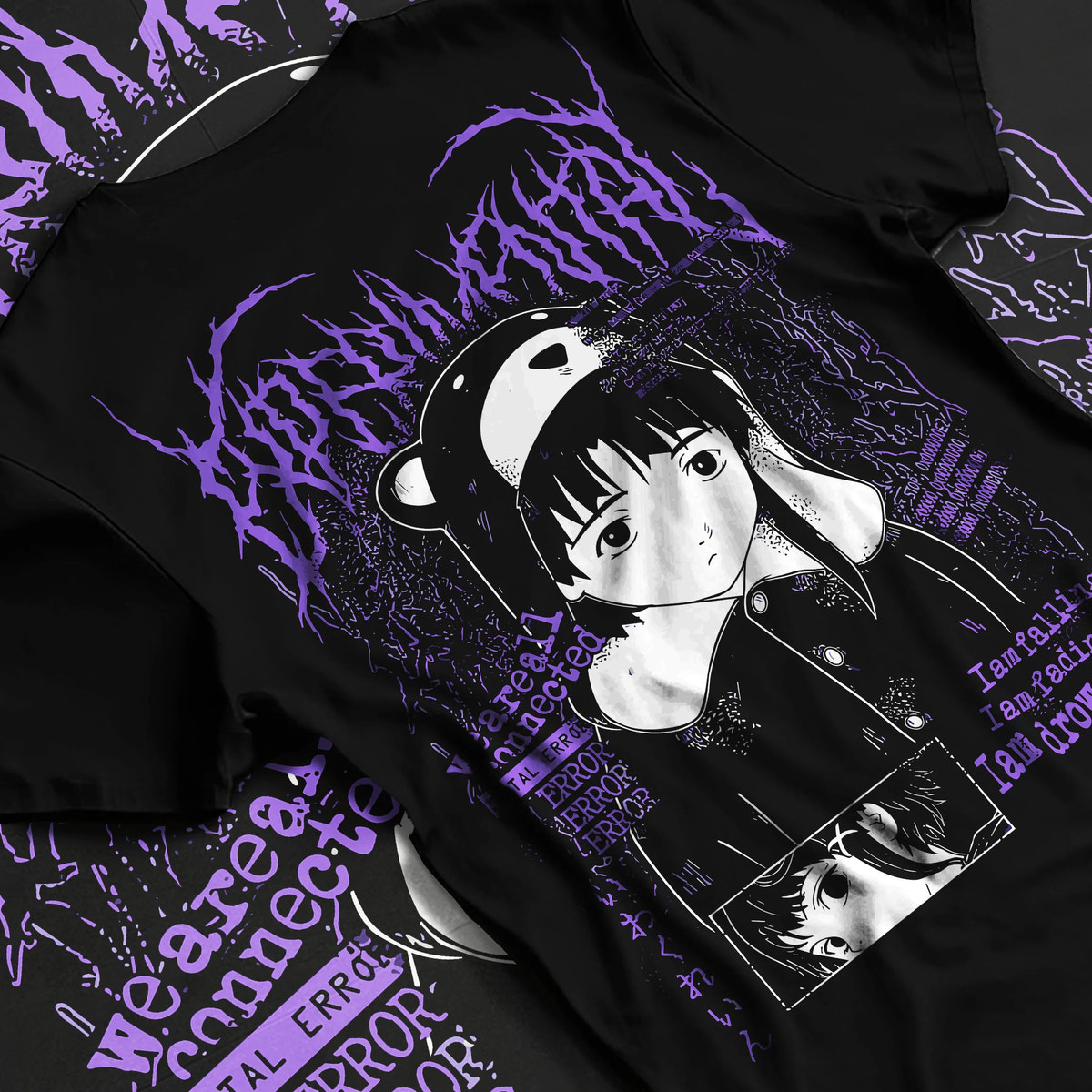Black T-shirt flat back view with Lain Iwakura from Serial Experiments Lain illustrated back graphic