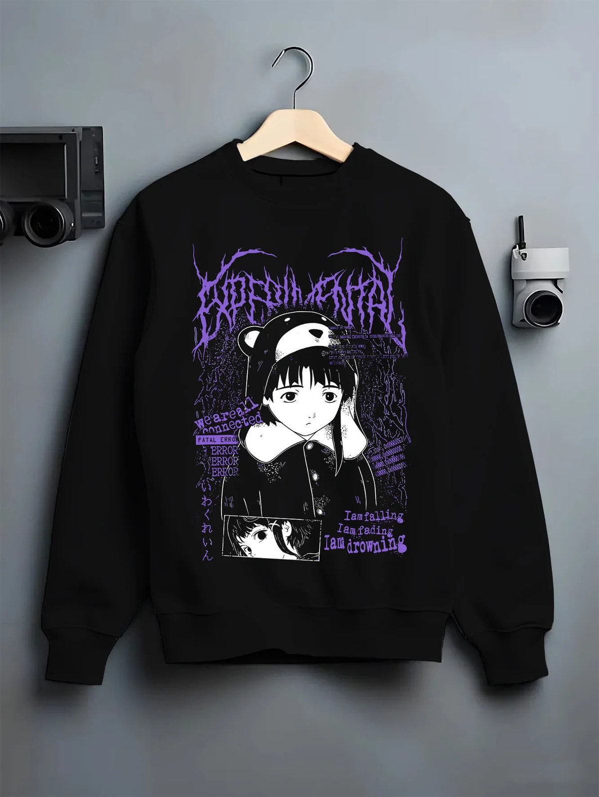 Black crewneck sweatshirt on hanger with Lain Iwakura from Serial Experiments Lain illustrated back graphic