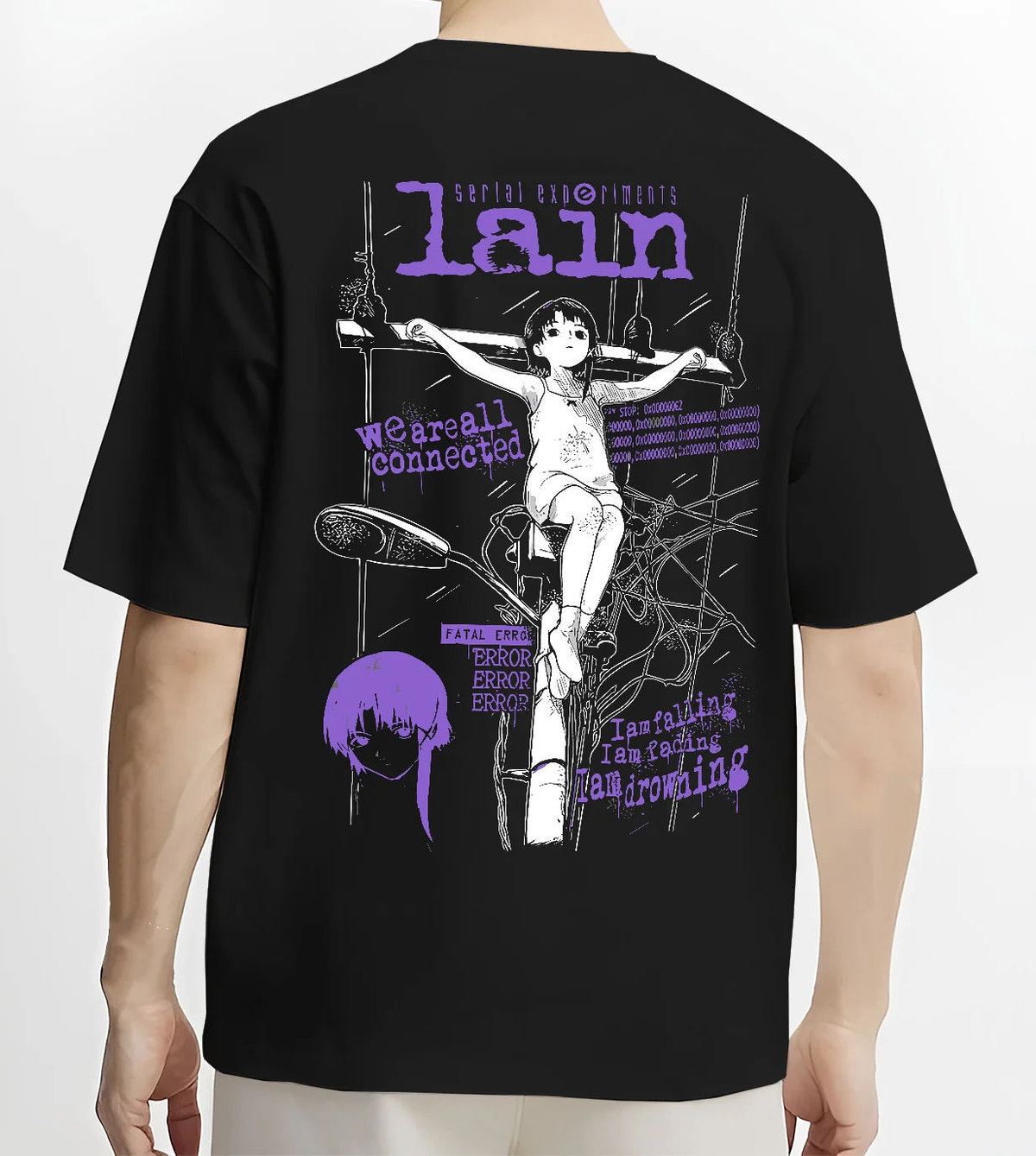 Black T-shirt model back view with Lain Iwakura (Serial Experiments Lain) illustrated back graphic