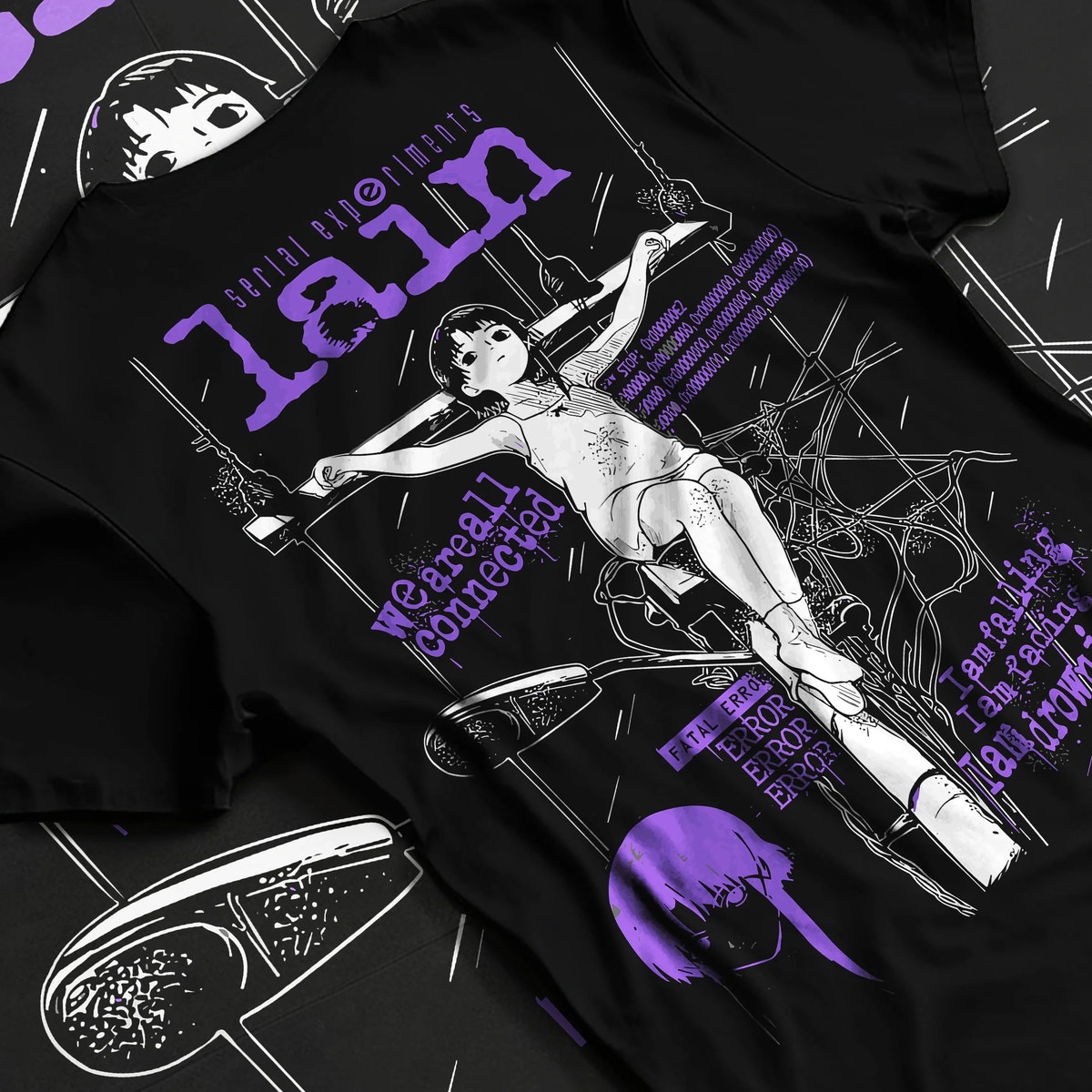 Black T-shirt flat back view with Lain Iwakura (Serial Experiments Lain) illustrated back graphic