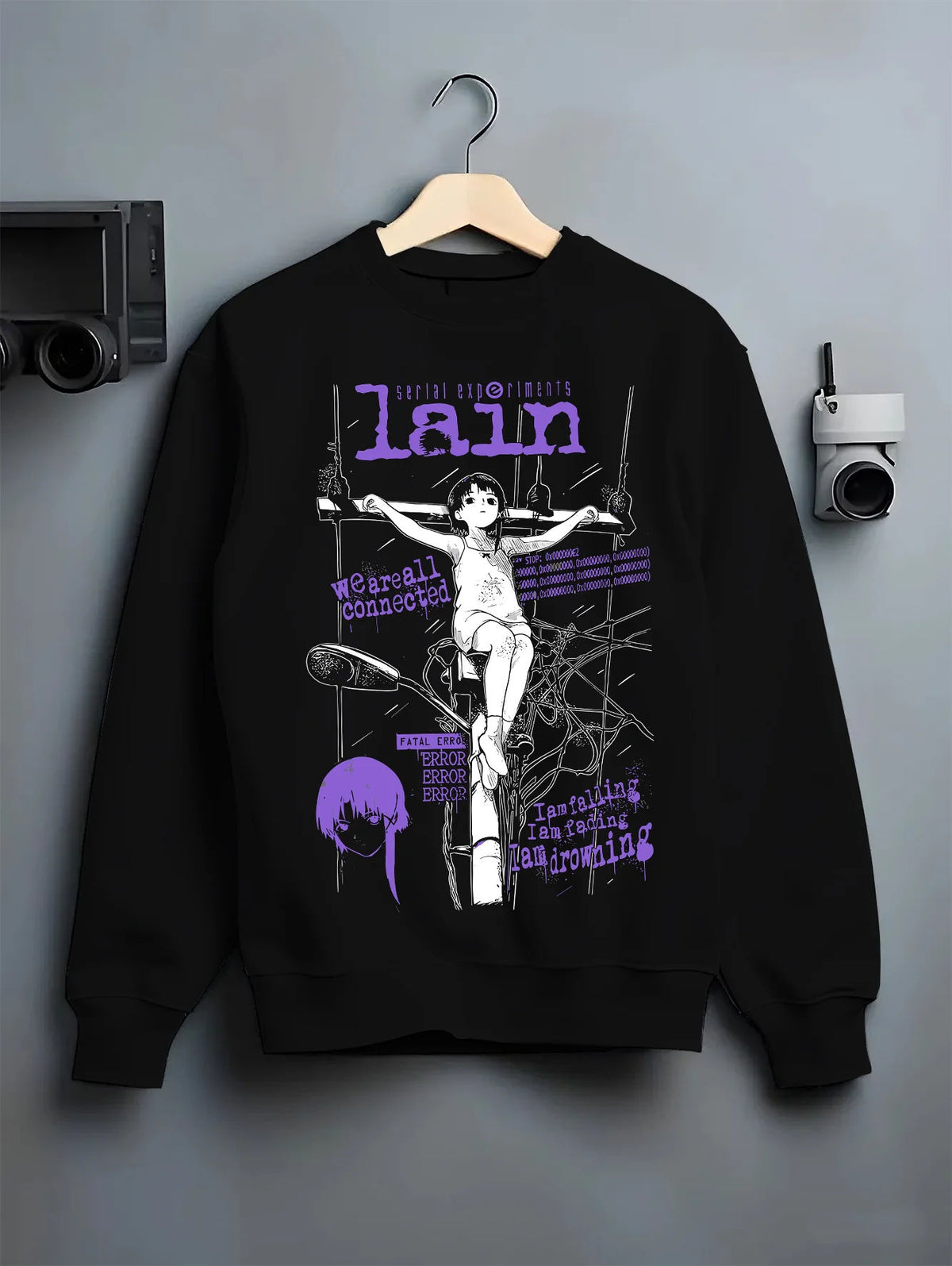 Black crewneck sweatshirt on hanger with Lain Iwakura (Serial Experiments Lain) illustrated back graphic
