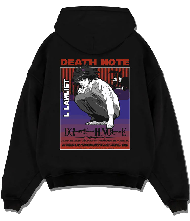Black hoodie flat back view showing L Lawliet from Death Note: Death Note poster
