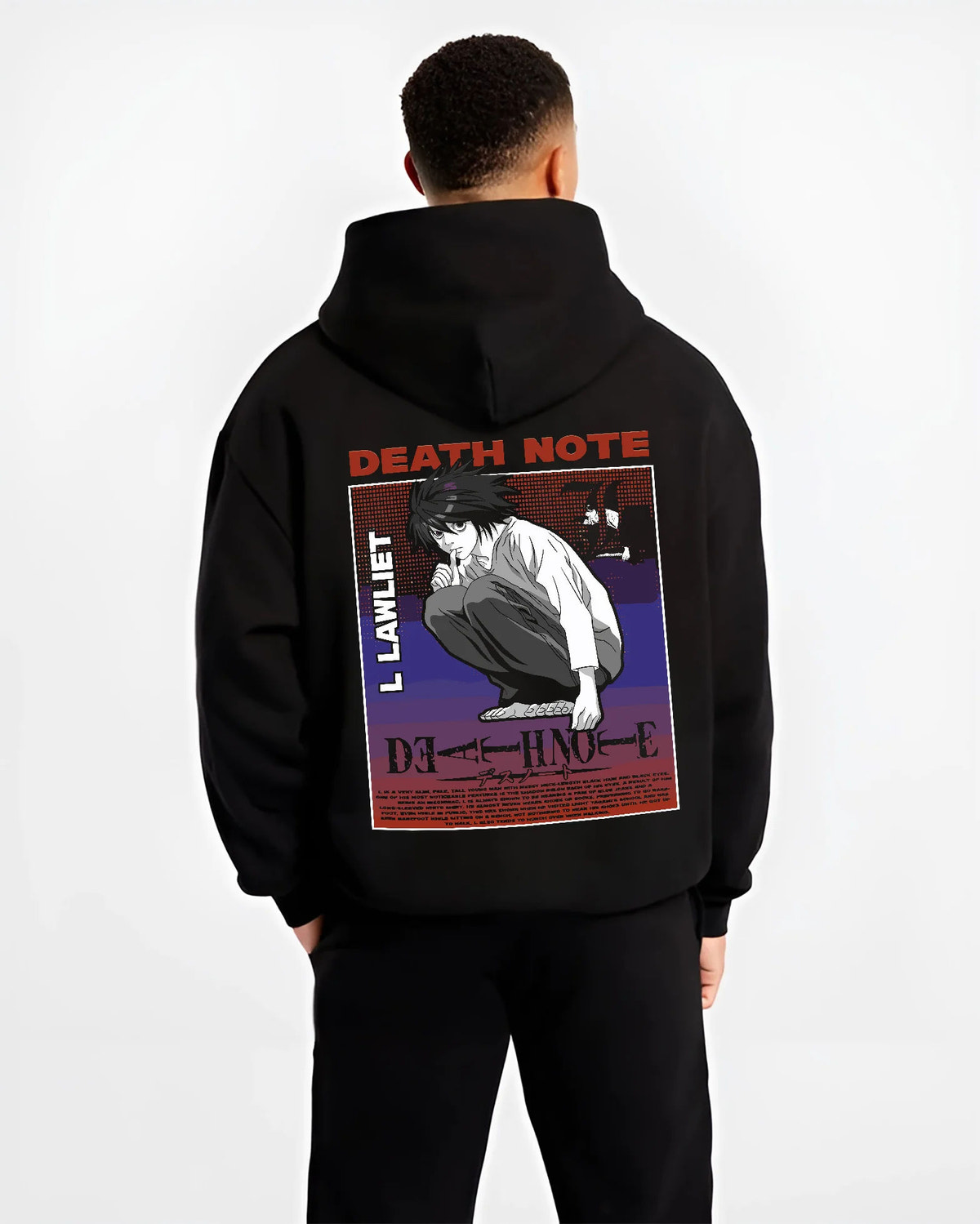 Black hoodie model back view showing L Lawliet from Death Note: Death Note poster