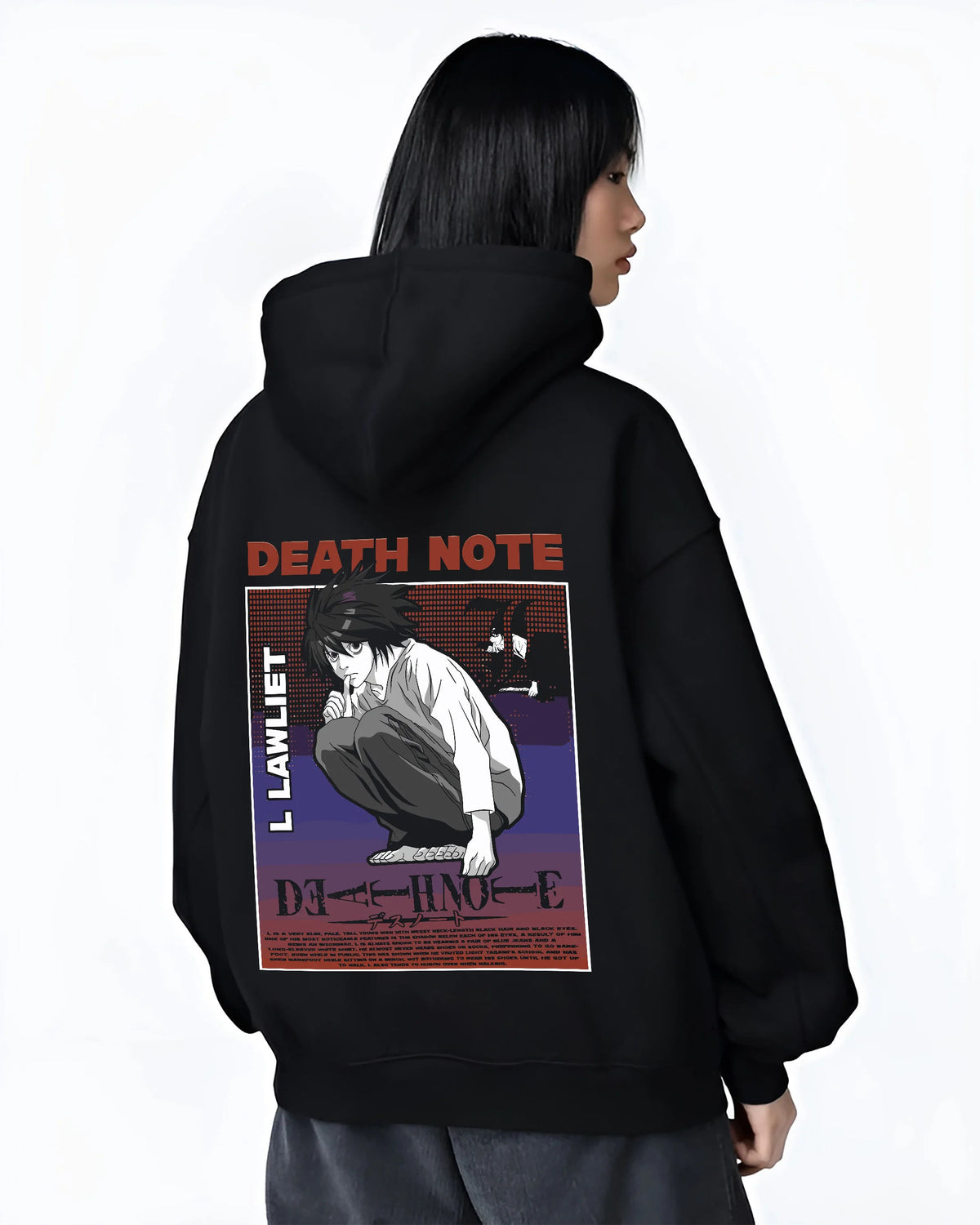 Black hoodie female model back view showing L Lawliet from Death Note: Death Note poster