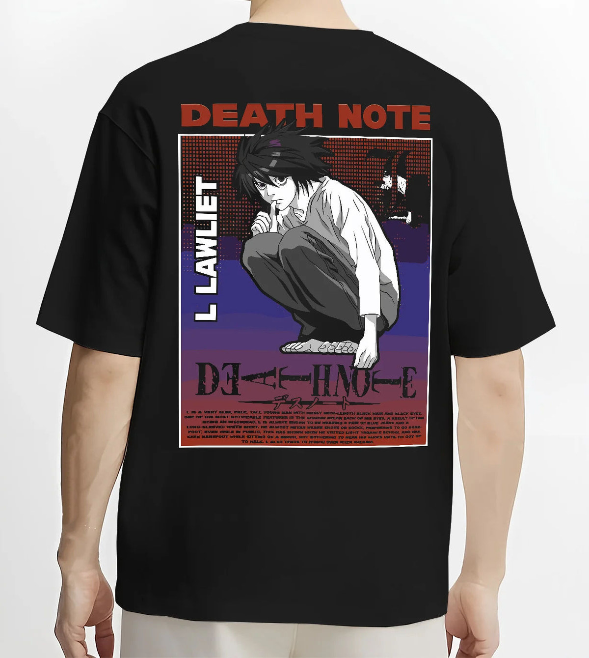 Black T-shirt model back view showing L Lawliet from Death Note: Death Note poster