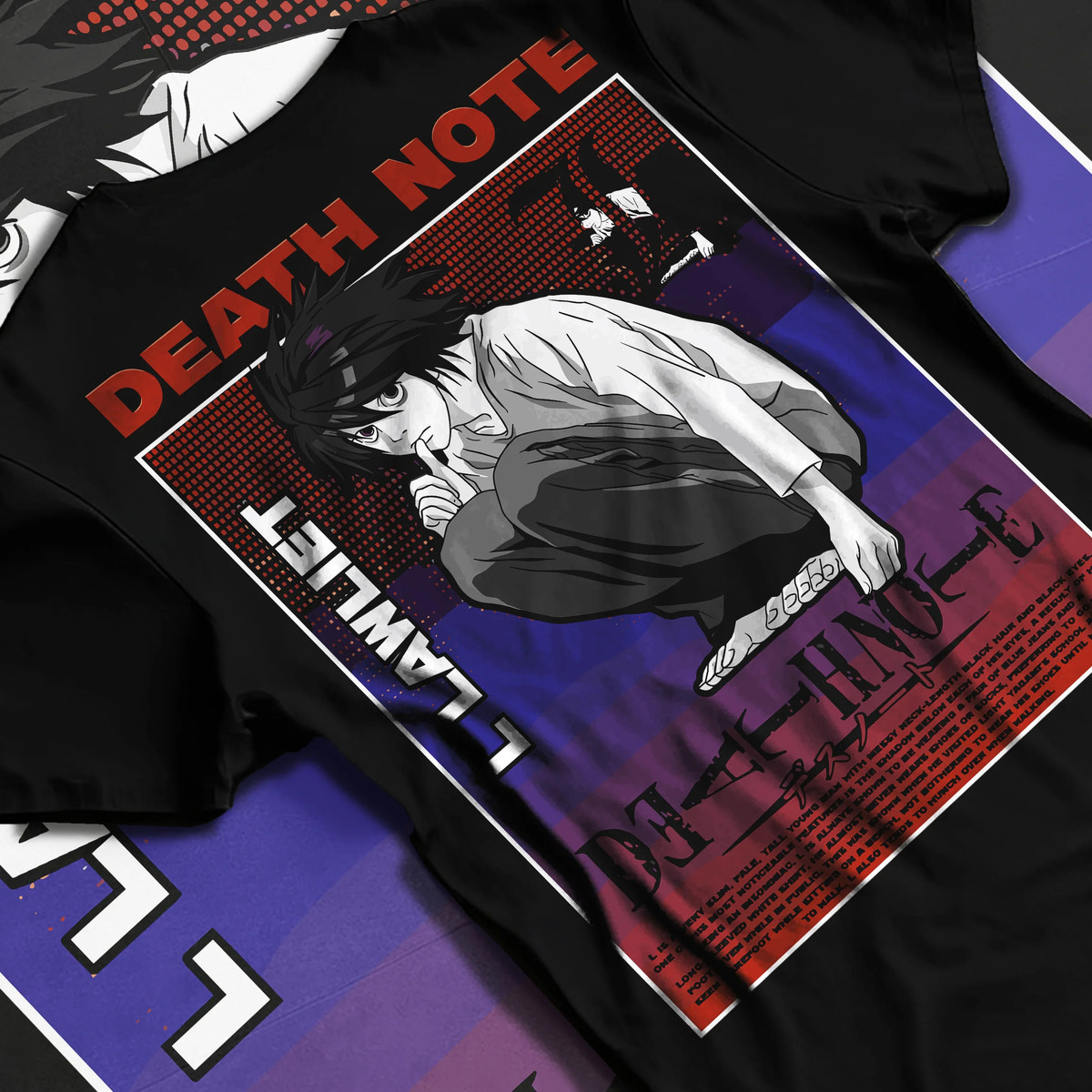 Black T-shirt flat back view showing L Lawliet from Death Note: Death Note poster