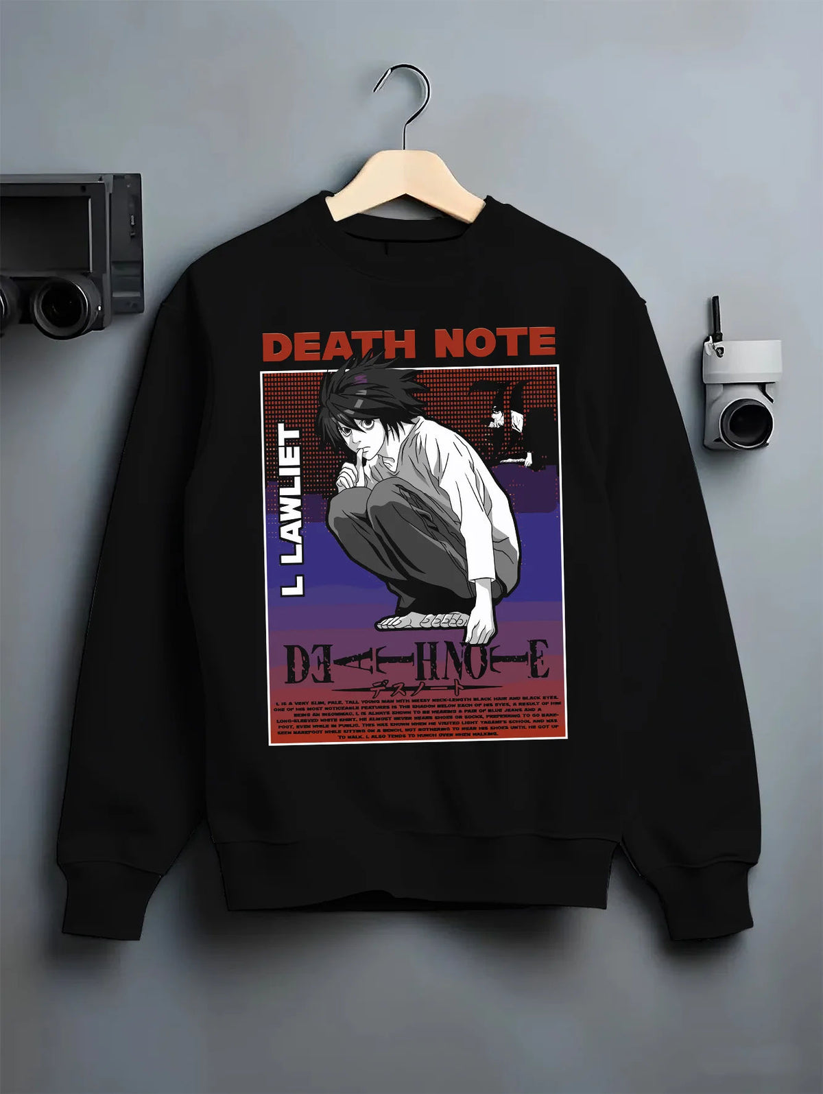 Black crewneck sweatshirt on hanger showing L Lawliet from Death Note: Death Note poster